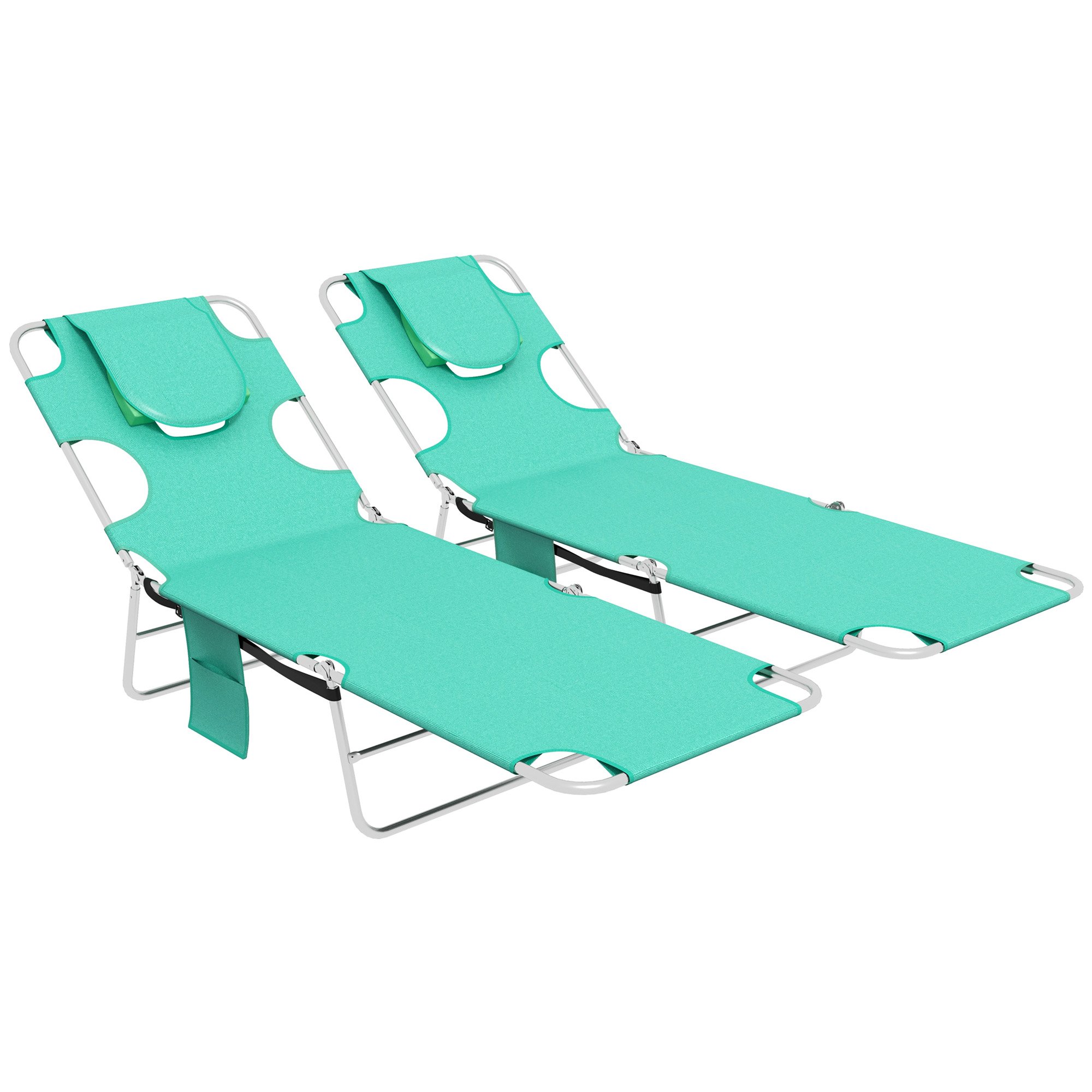 Outsunny Set of 2 Foldable 5 Level Adjustable Reading Hole Sun Loungers – Green