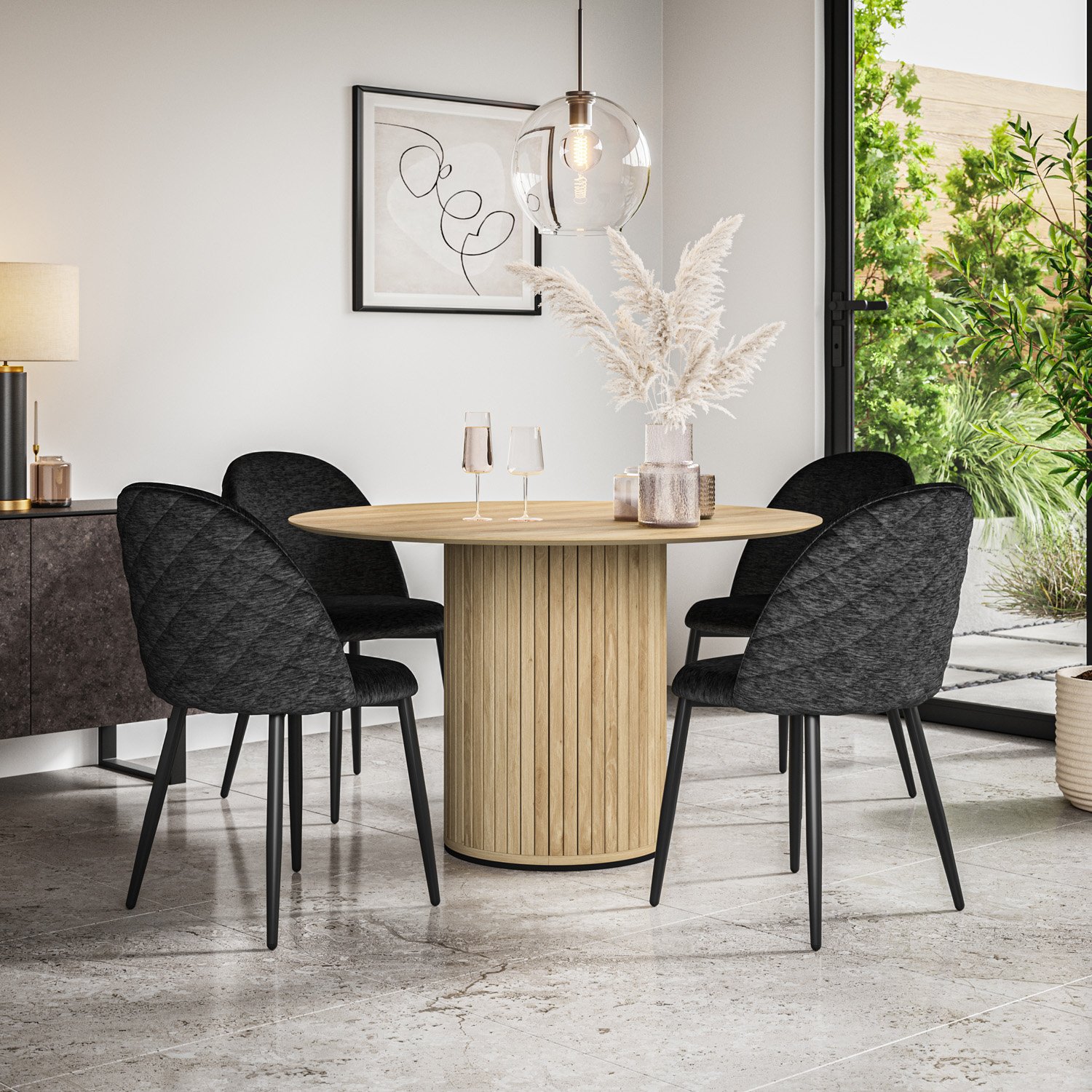 Furniture Online Arlo Raye Oak Top w Oak Legs Dining Table & 4 Black Chairs