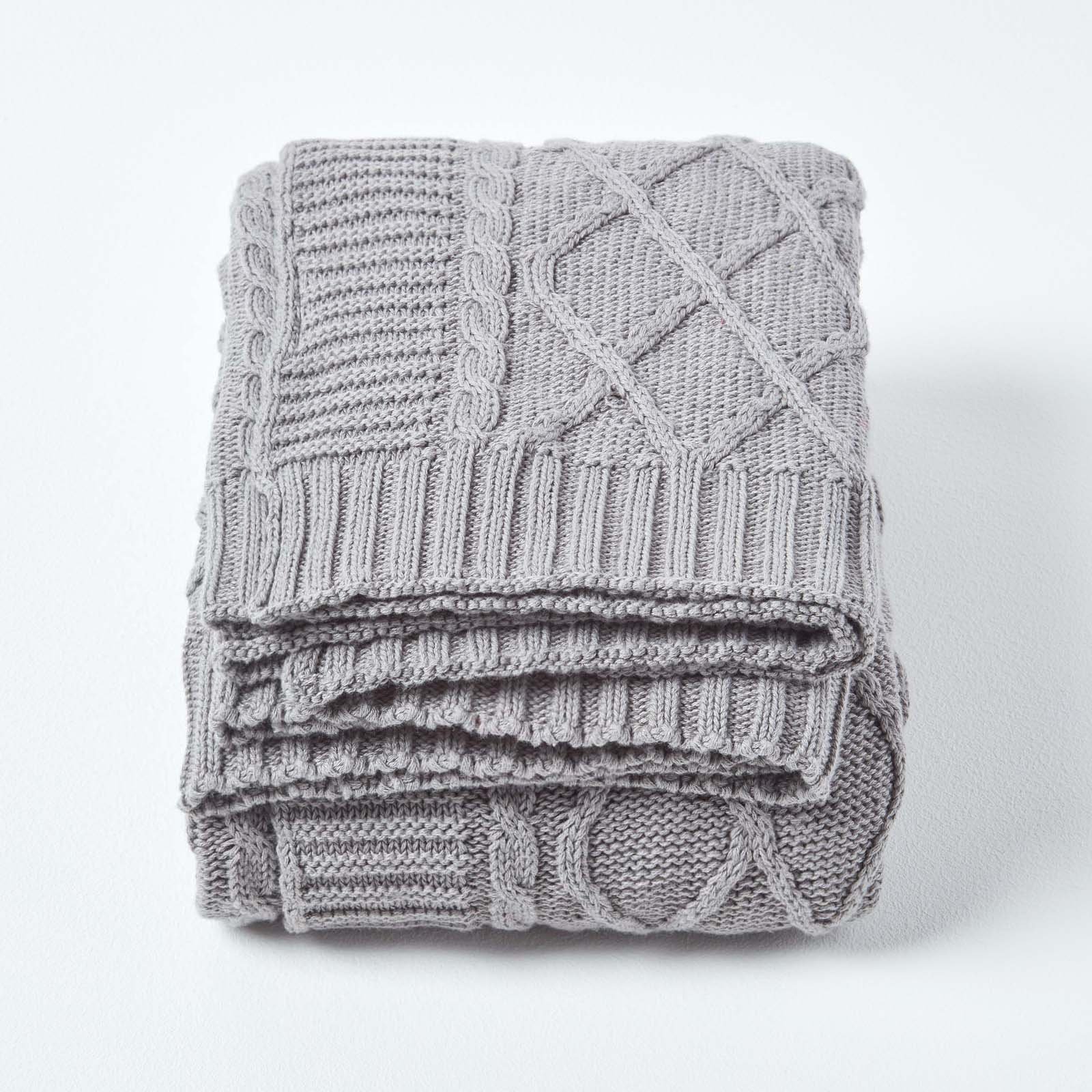 Homescapes Cotton Diamond Cable Knit Throw - 130 x 170 cm - Grey