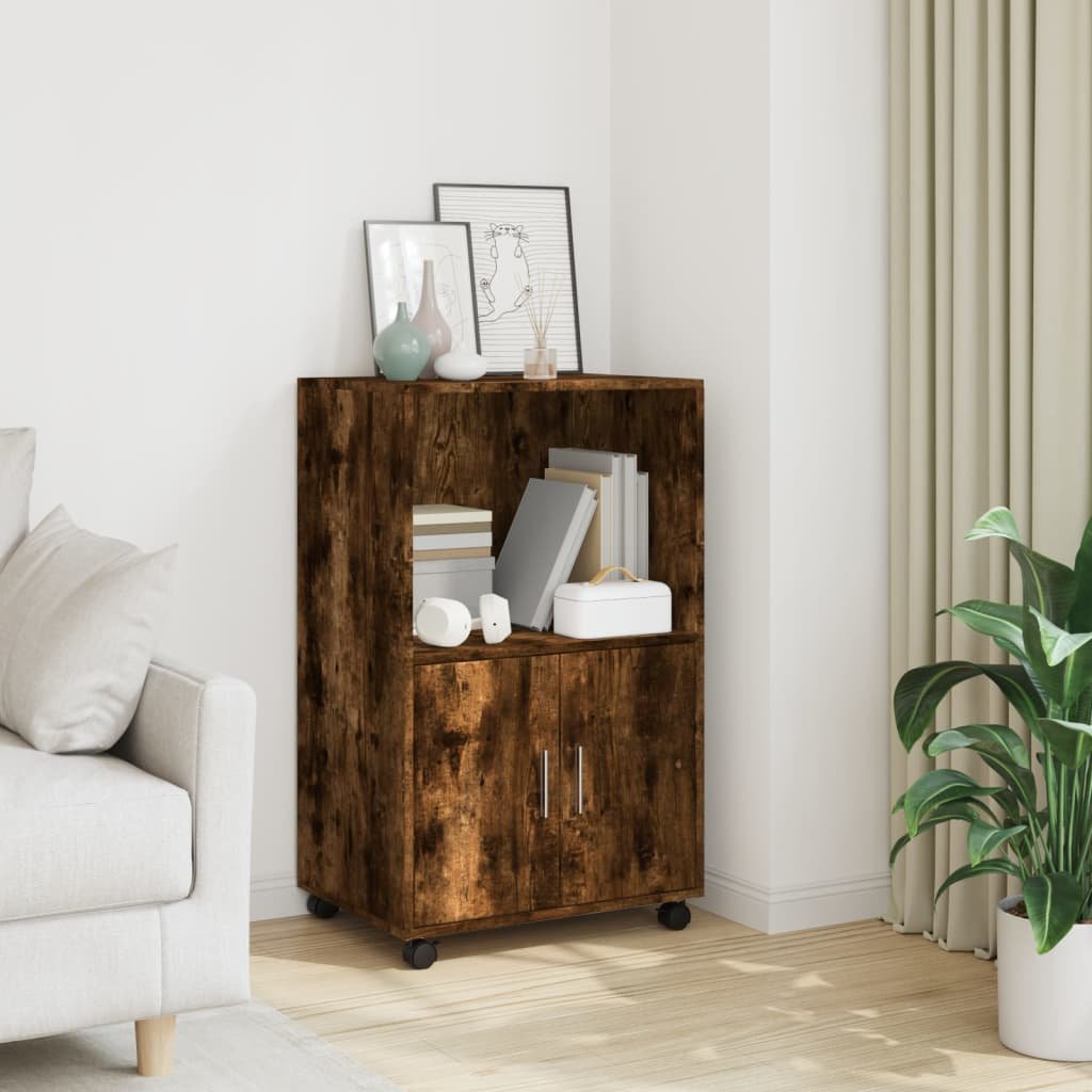 Walplus Engineered Wood Rolling Cabinet - Dark Oak - 55 x 40 x 91 cm