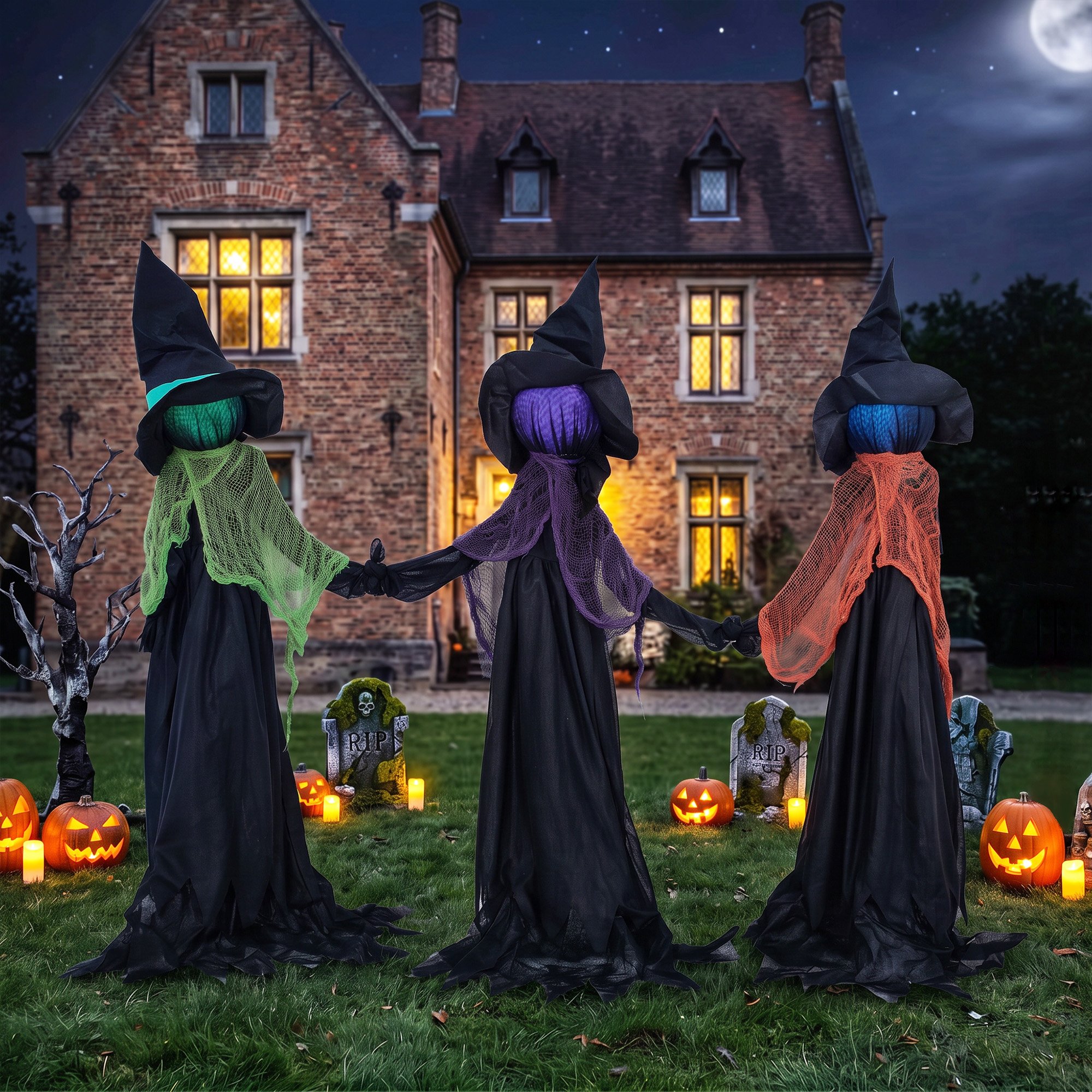 HOMCOM Set of 3 4ft Animated Halloween Hand in Hand Witches Decoration
