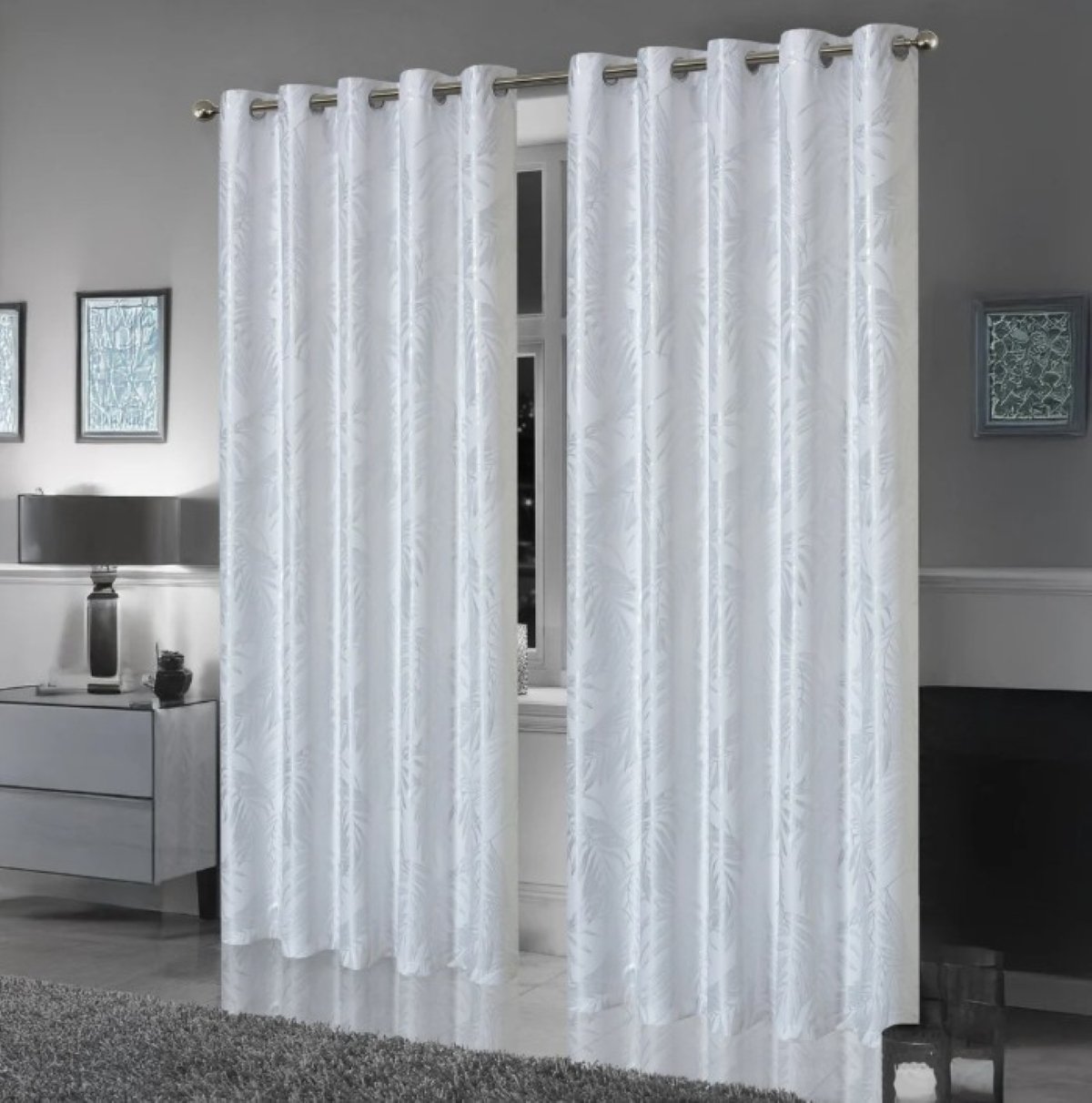 New Edge Blinds White Leaf Sparkle Blackout Eyelet Curtains - 167cm x 183cm