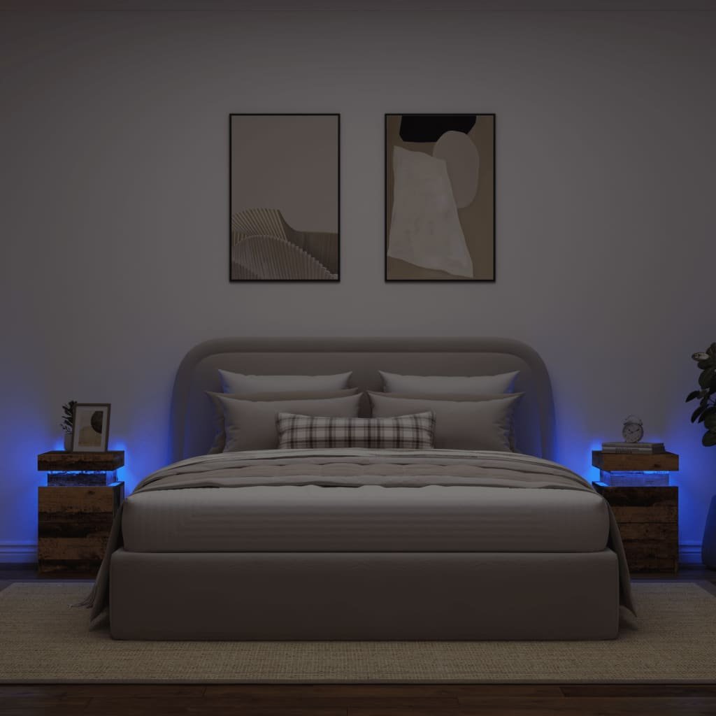 Walplus Pack of 2 LED Bedside Cabinet - Dark Wood - 35 x 39 x 55 cm