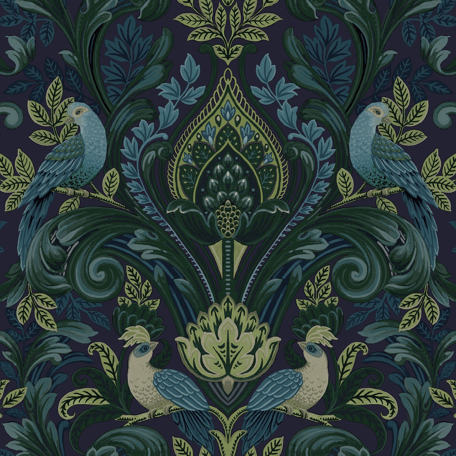 Grandeco Peacock and Leaf Scrolls Opulent Damask Textured Wallpaper - Green Blue