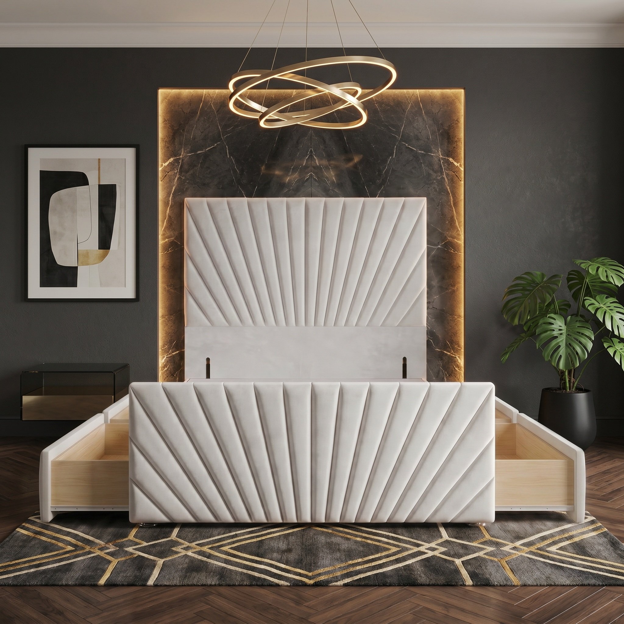Somnior Velvet Small Double 4 Draw Divan Bed with Footboard & Headboard - White