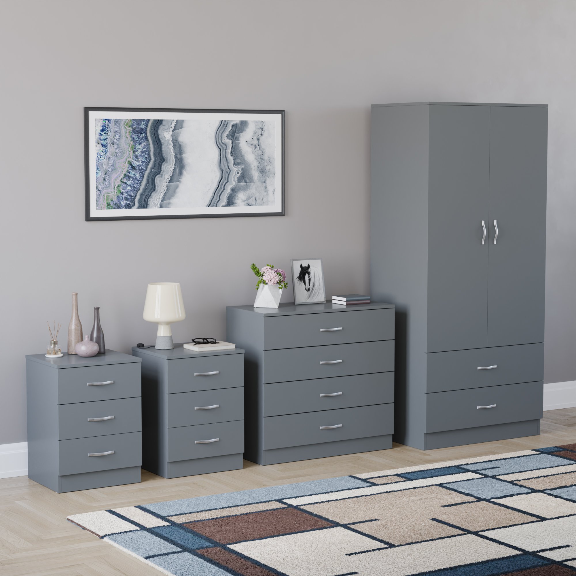 Vida Designs Riano Bedroom Set (Bedsides, 4 Drawer Chest, 2x2 Wardrobe) - Grey