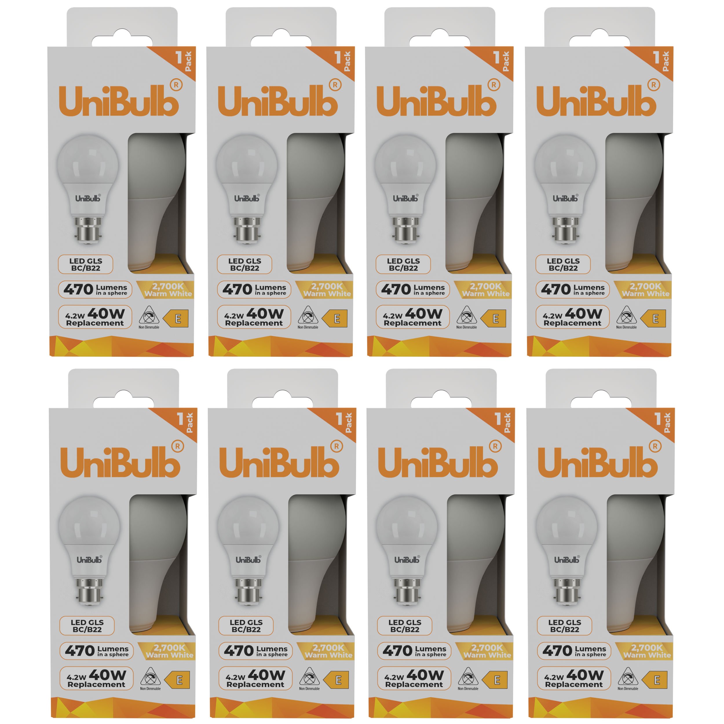 UniBulb 4.2W LED Warm White GLS B22 Light Bulb - Pack of 8