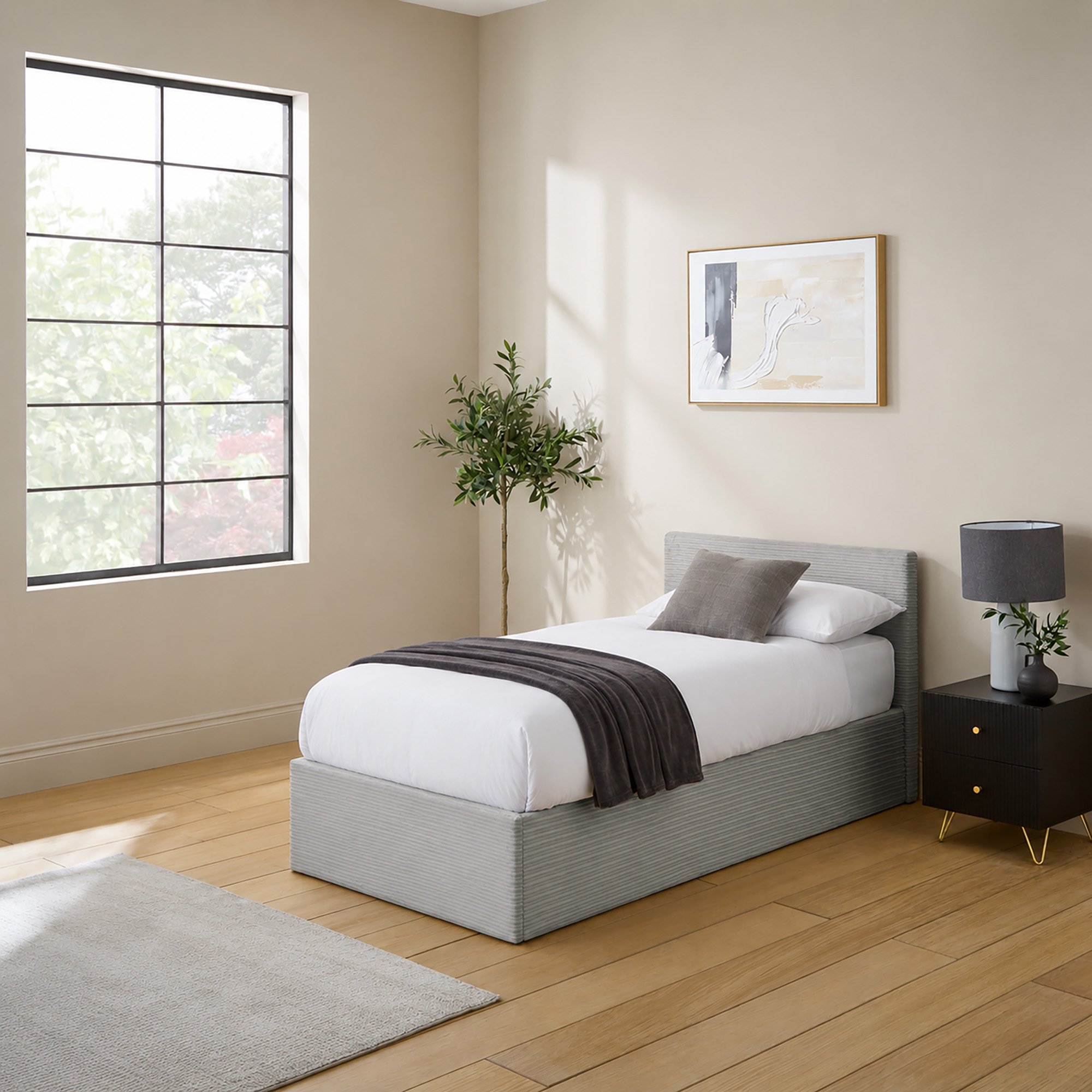 GFW End Lift Single Corduory Ottoman Bed with Mattress - Grey