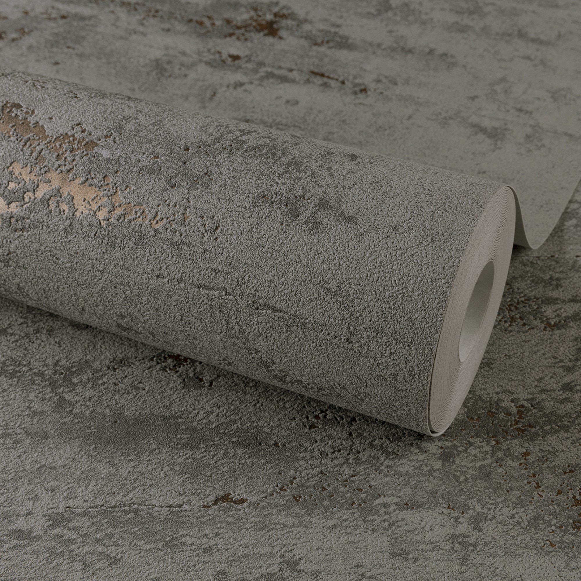 Grandeco Rocca Textured Concrete Striped Wallpaper - Charcoal Grey Copper