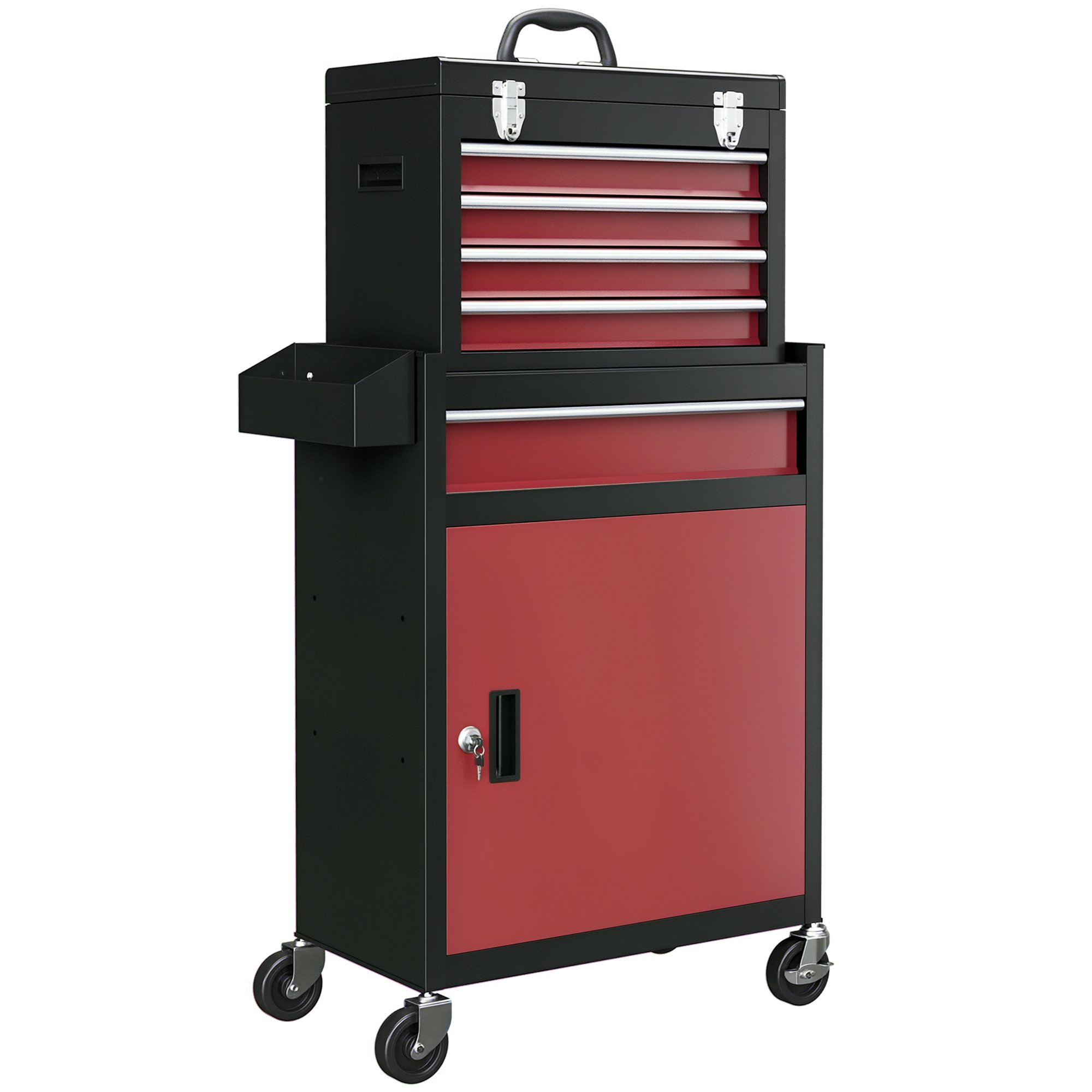 HOMCOM Rolling Tool Cabinet on Wheels with 5 Drawers and Lockable Cabinet - Red