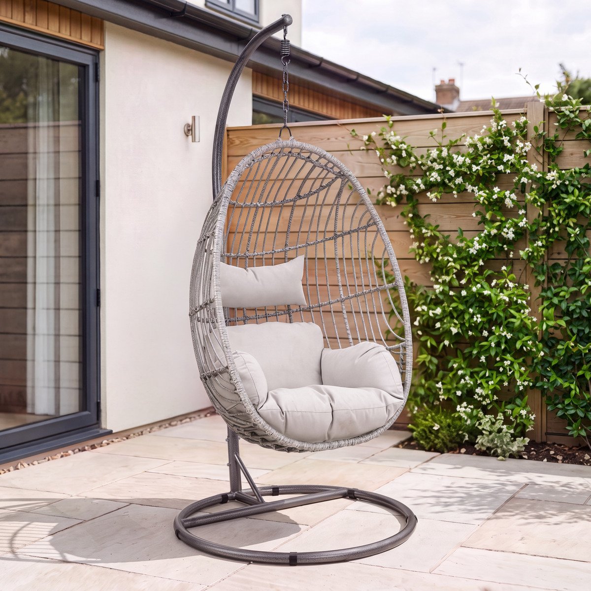 Charles Bentley Hanging Egg Shaped Rattan Swing Chair With Cushion - Grey