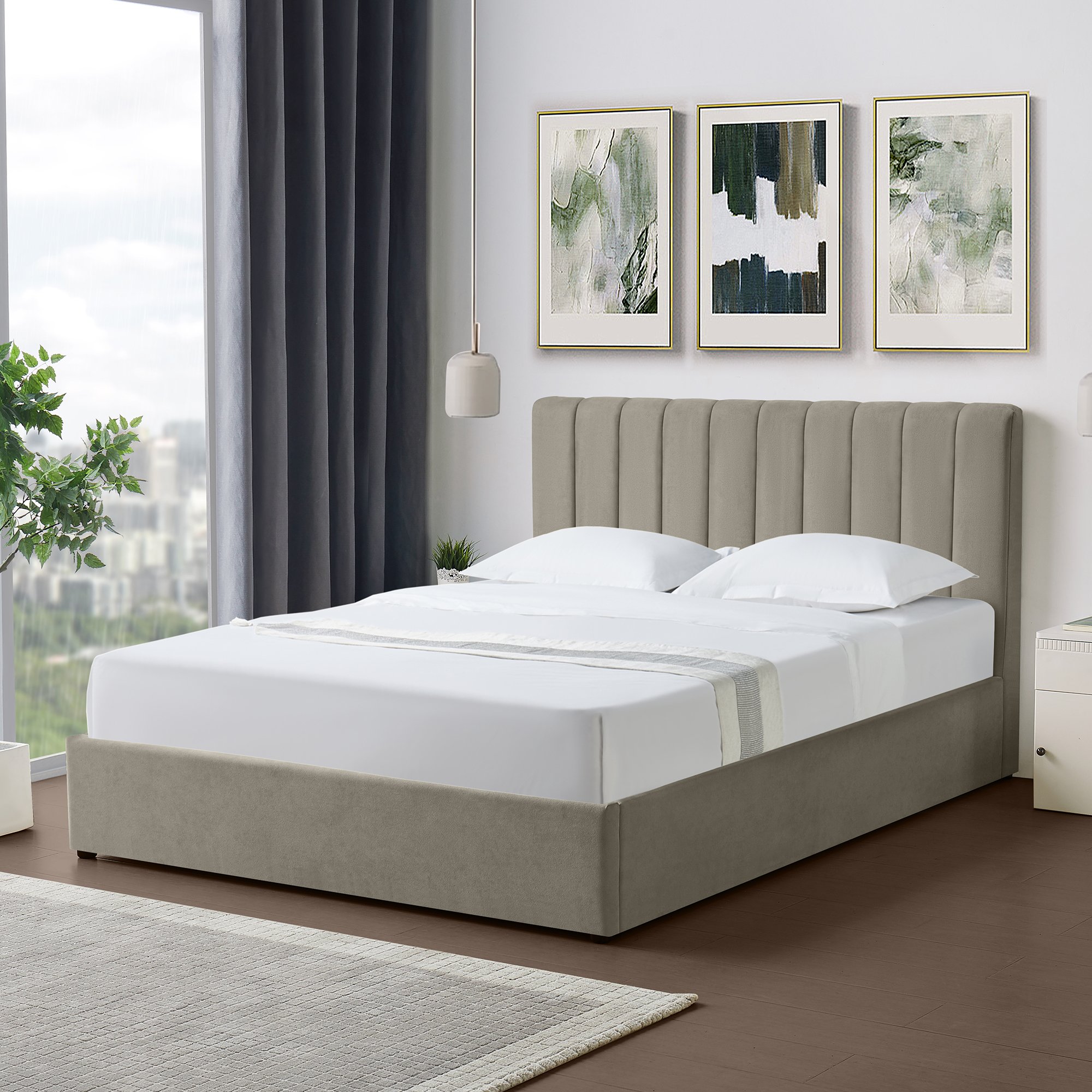 Artemis Home Evelynne Fabric 150cm King Ottoman Bed with Storage - Light Brown