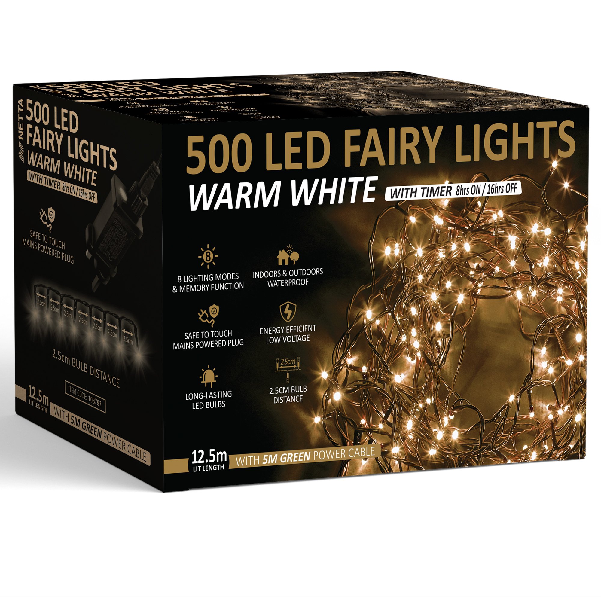 NETTA 500 LED 12.5m Christmas Fairy String Lights with Timer - Warm White