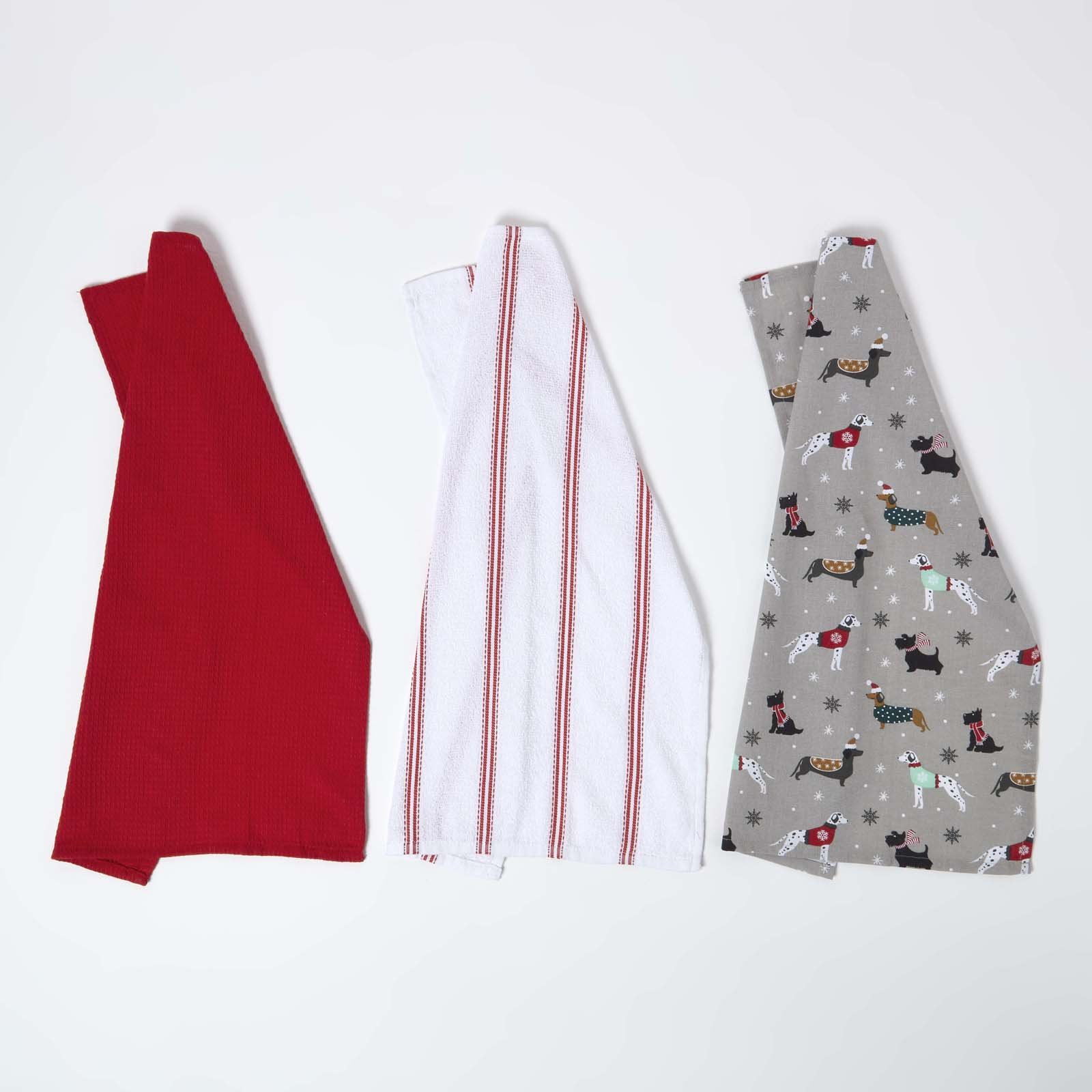 Homescapes Pack of 3 Dog Christmas Tea Towels - Multicoloured