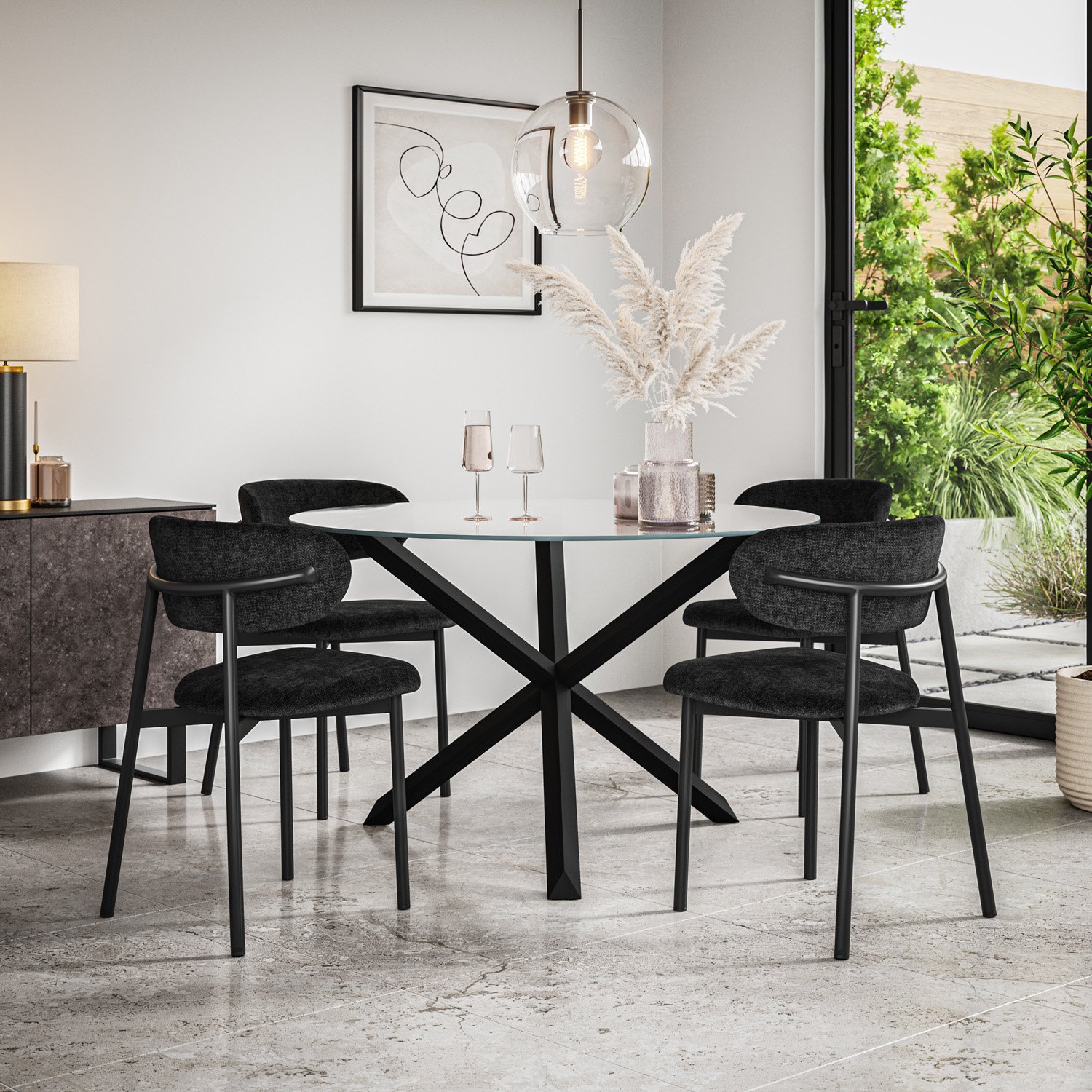Furniture Online Malvern Glass Glass Dining Table & 6 Myla Black Chairs