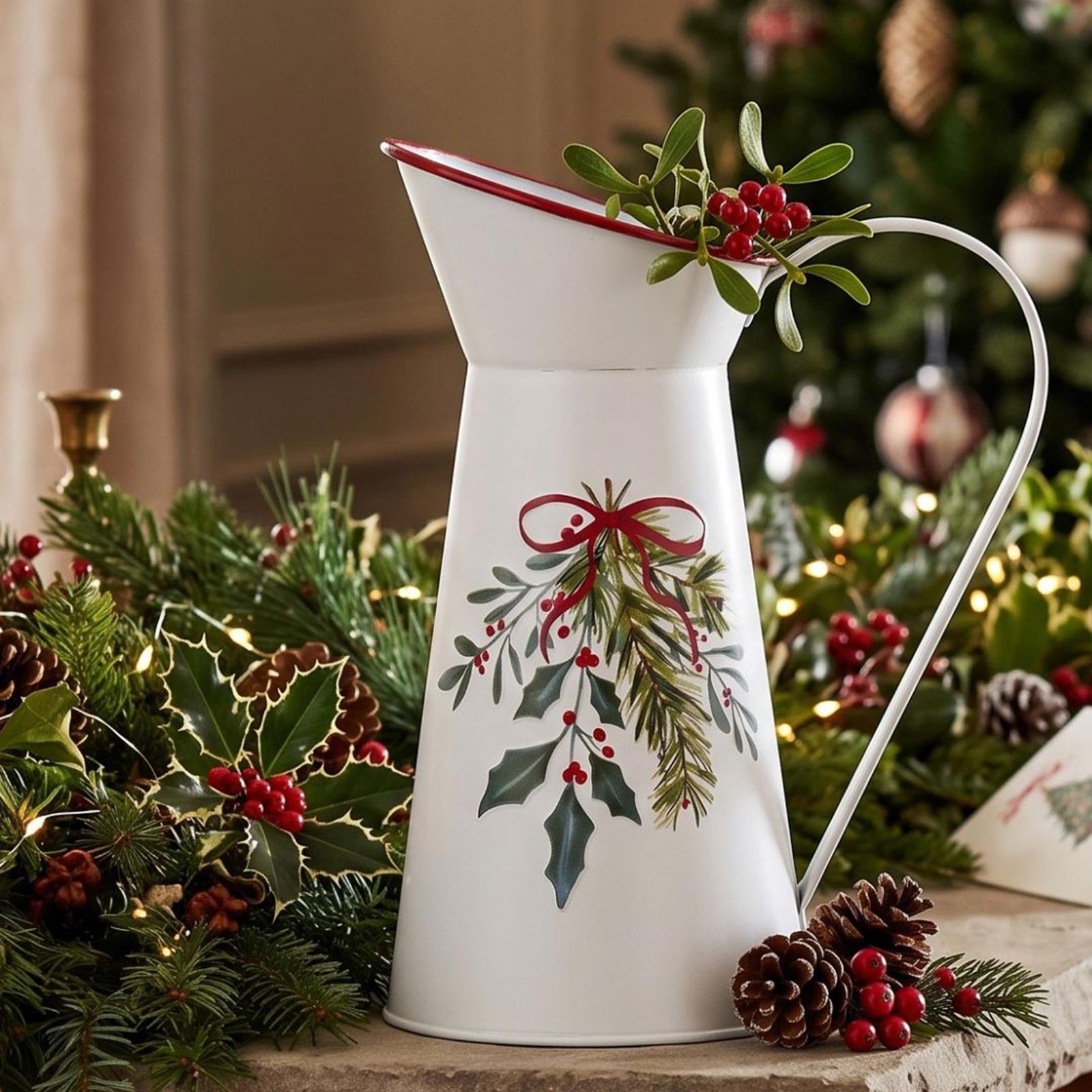 Homescapes White Christmas Holly & Mistletoe Decorative Vase
