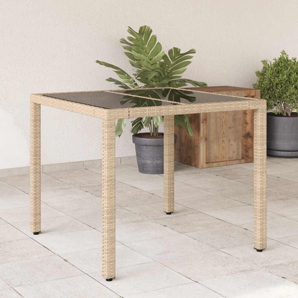 Walplus Poly Rattan Garden Table with Glass Top - Beige - 90 x 90 x 75 cm