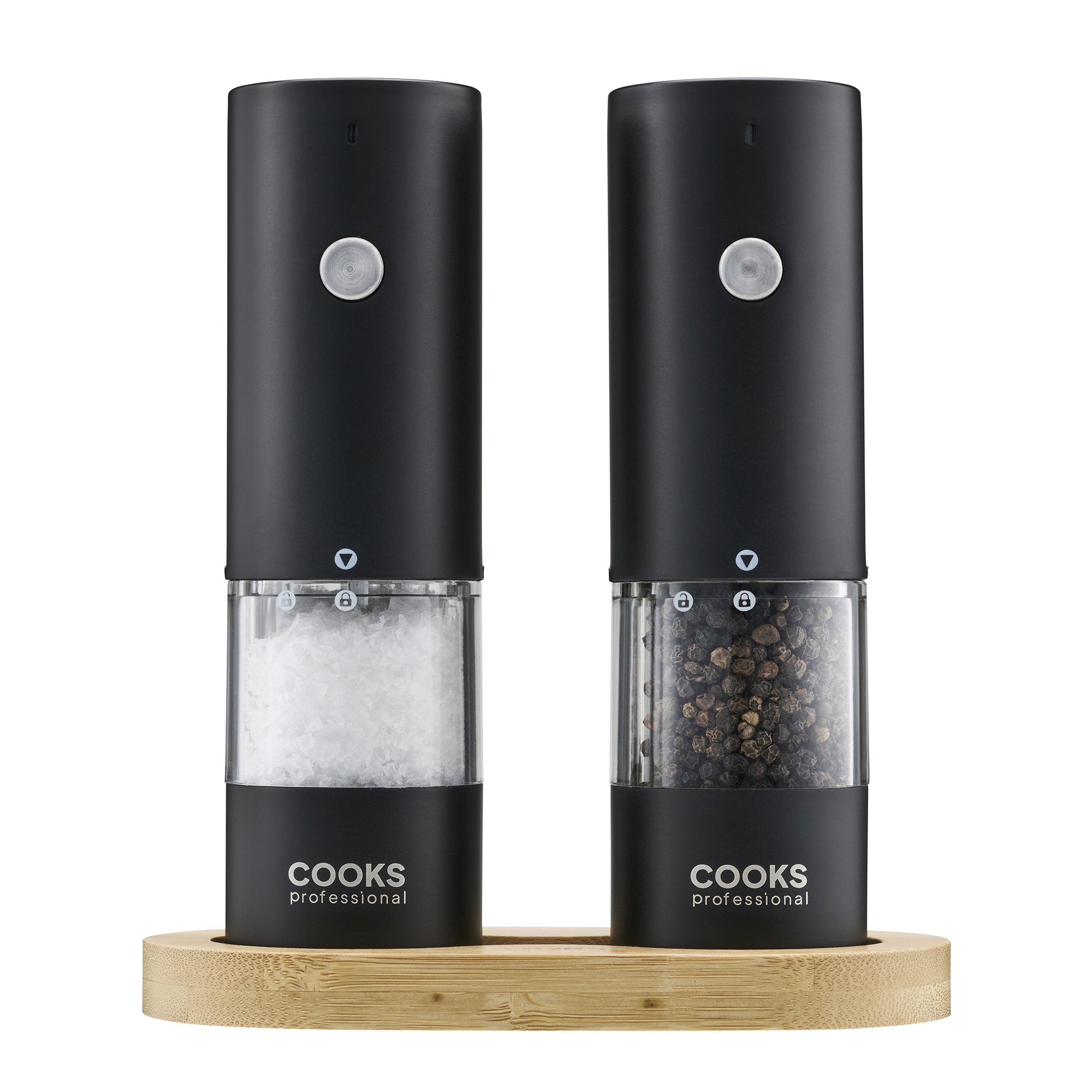 Cooks Professional Rechargeable Salt & Pepper Mill Set with Base - Black