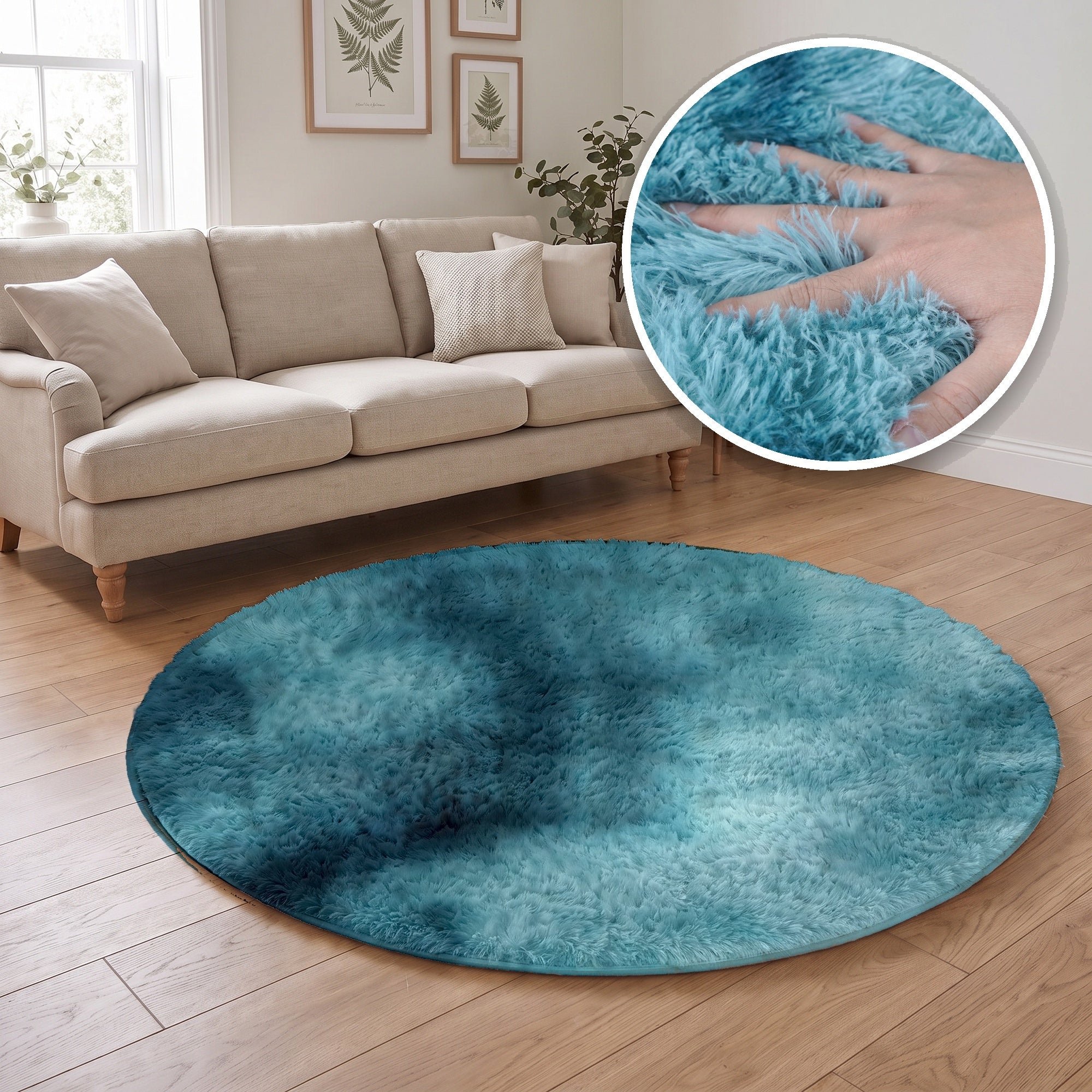 The Rugs Duck Egg Blue Lush Plain Washable Non Slip Shaggy Round Rug - 80cm