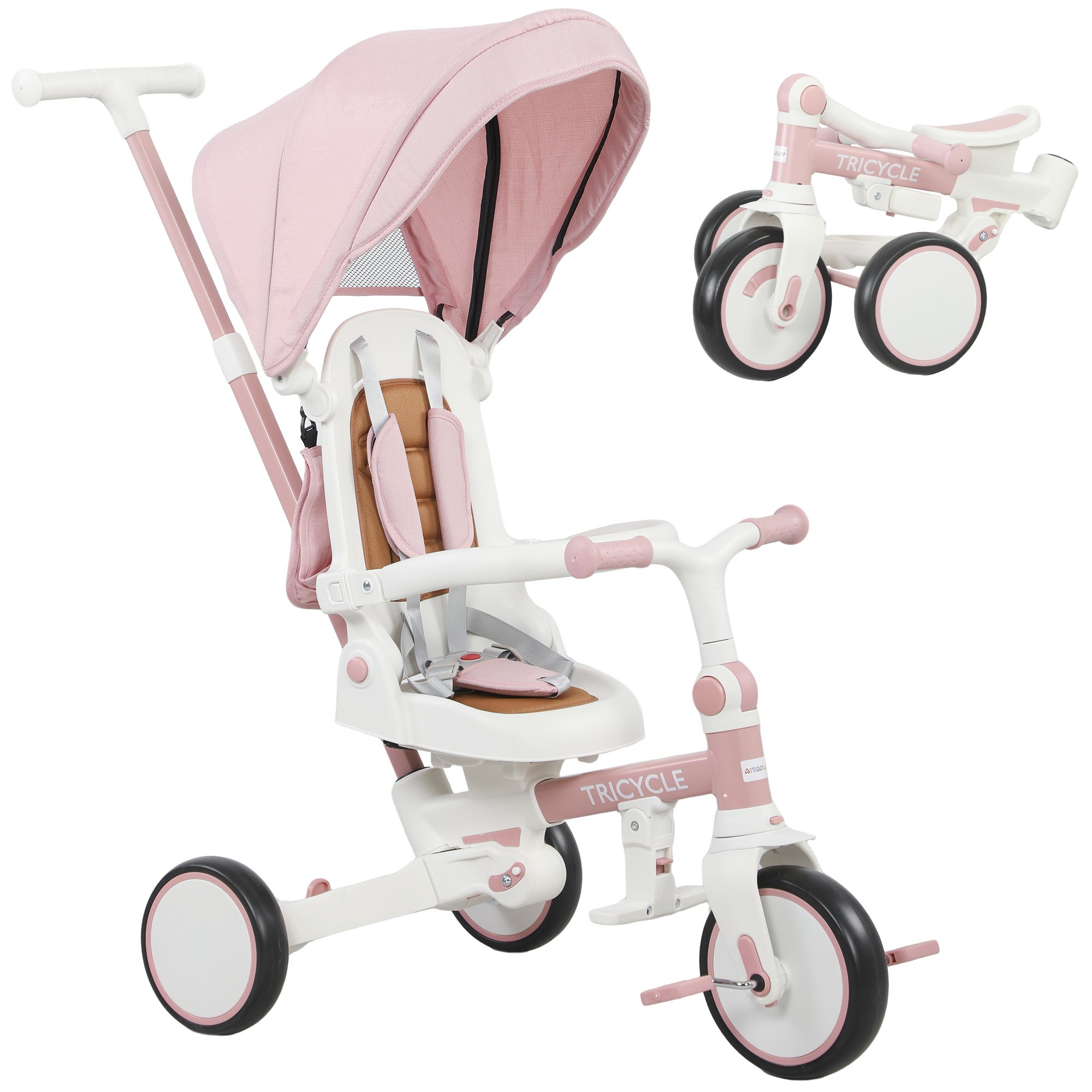 AIYAPLAY 5 in 1 Foldable 5 Point Harness Footrest Storage Trike - Pink