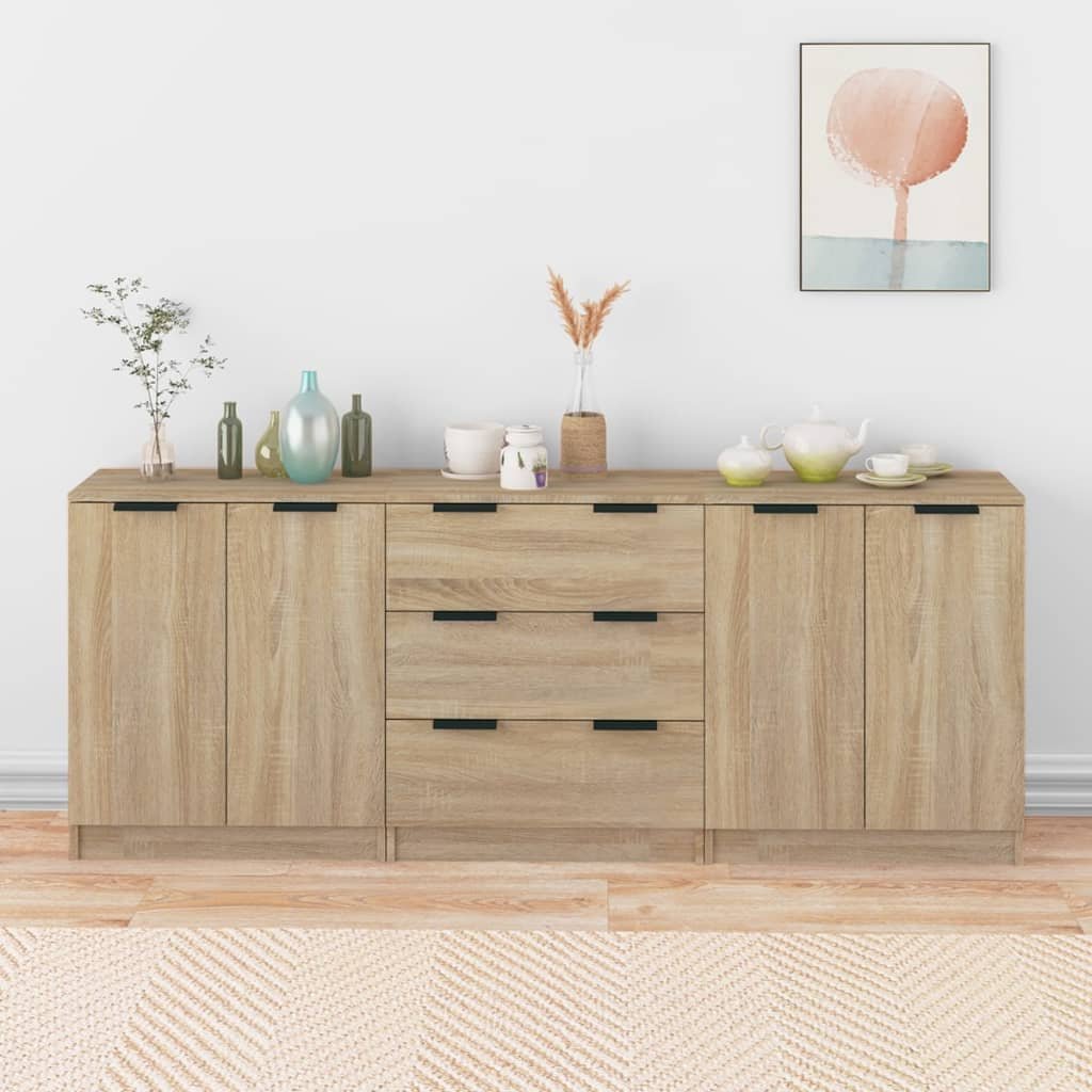 Walplus 3 Piece Sideboard Set Engineered Wood - Sonoma Oak - 60 x 30 x 70 cm