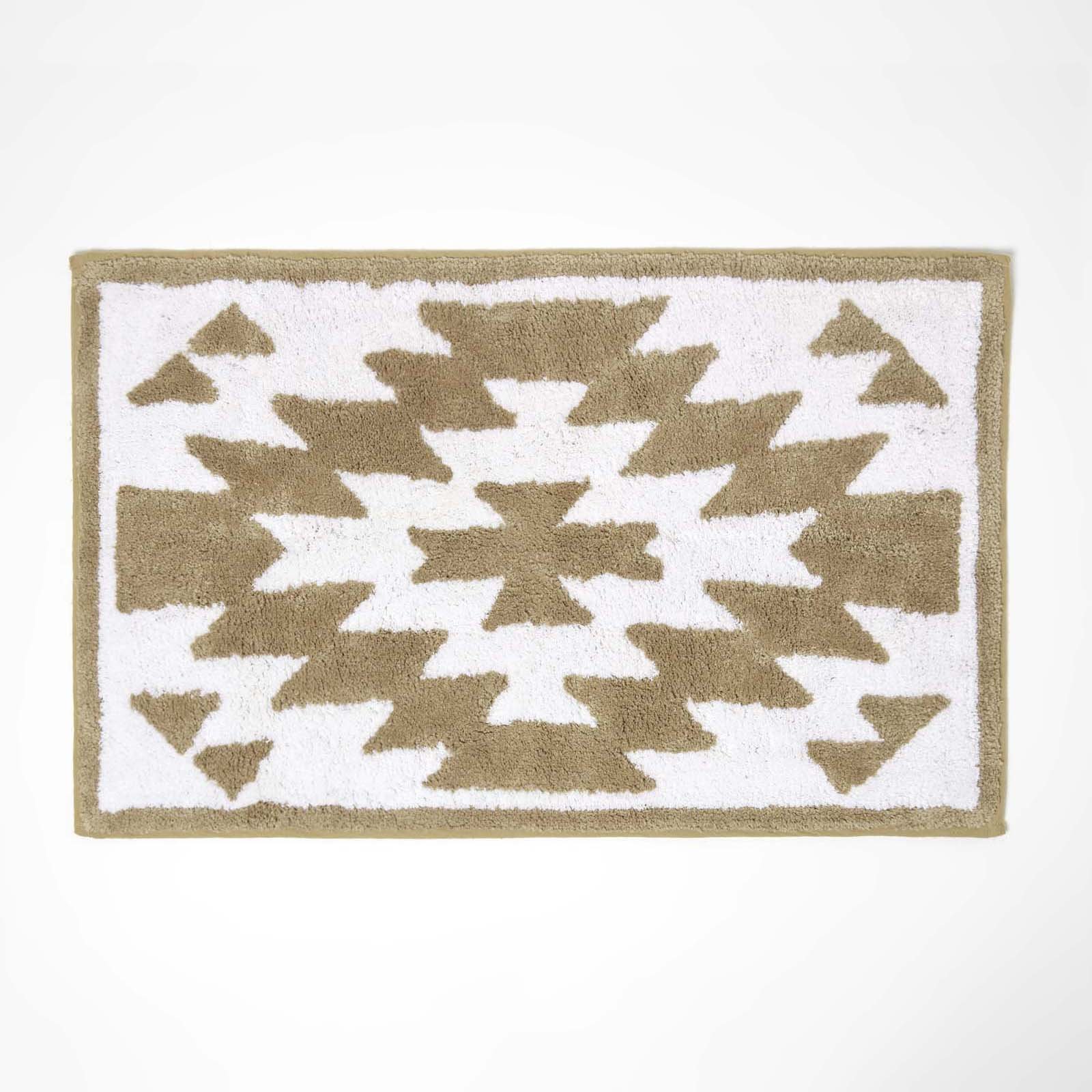Homescapes Natural and White Bath Mat 100% Cotton Aztec Design, 50 x 80 cm