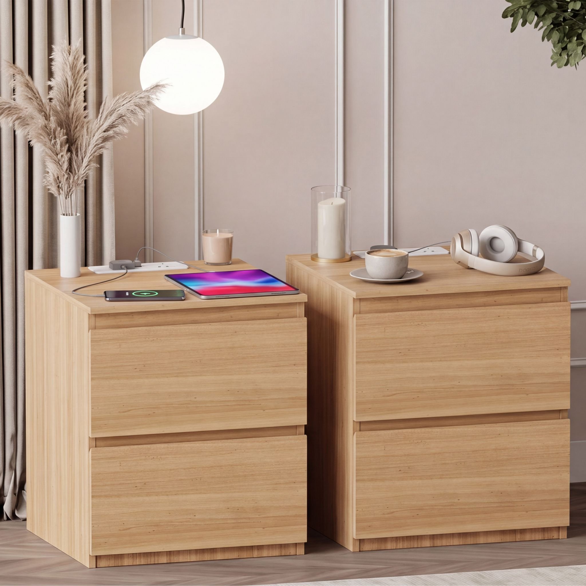 Vida Designs Denver 2 Drawer Bedside with Power Outlet - Set of 2 - Pine