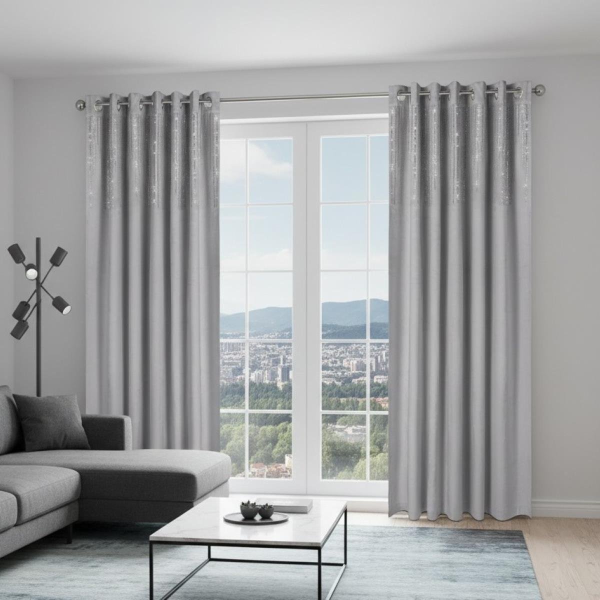 Luxury Living Blackout Velvet Diamante Eyelet Curtains 117cm x 137cm - Silver
