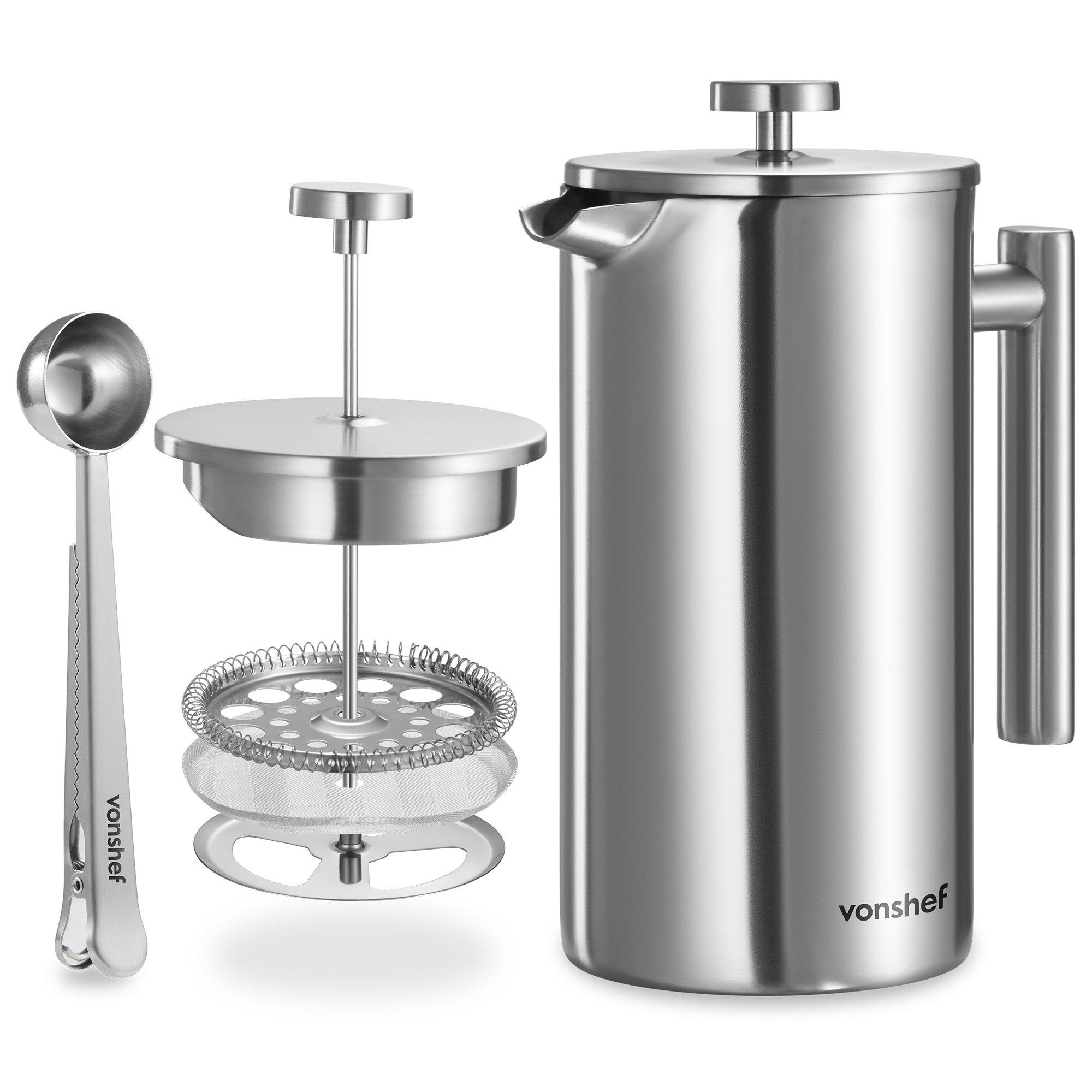 VonShef 12 Cup/1.5L Double Wall Stainless Steel Cafetiere - Silver