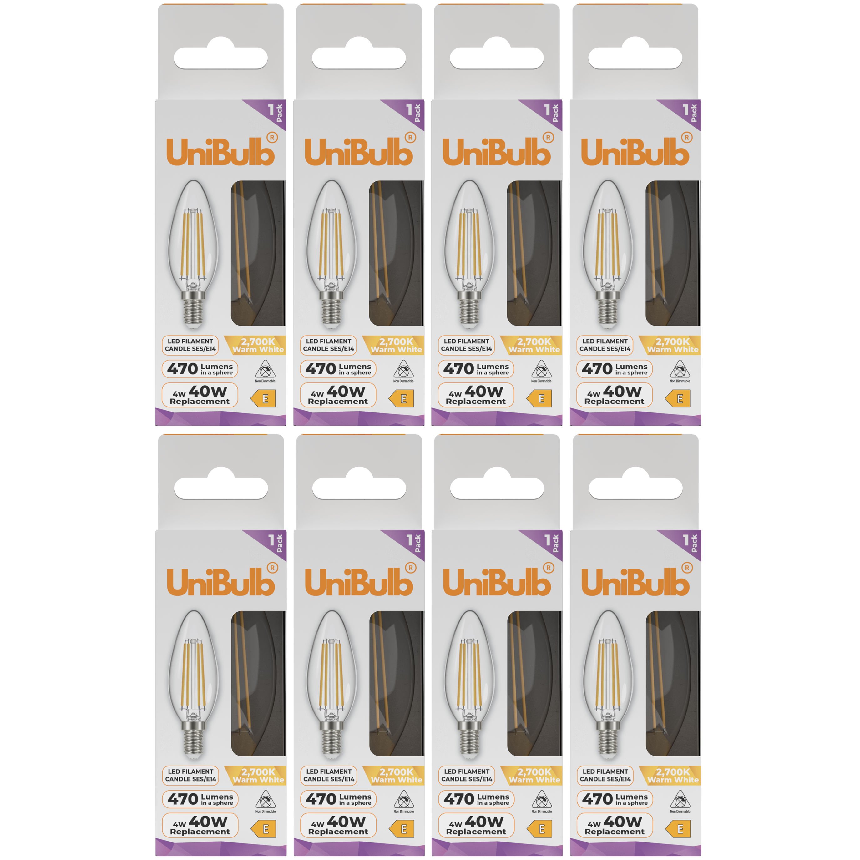 UniBulb 4W LED Warm White Filament Candle E14 Light Bulb - Pack of 8