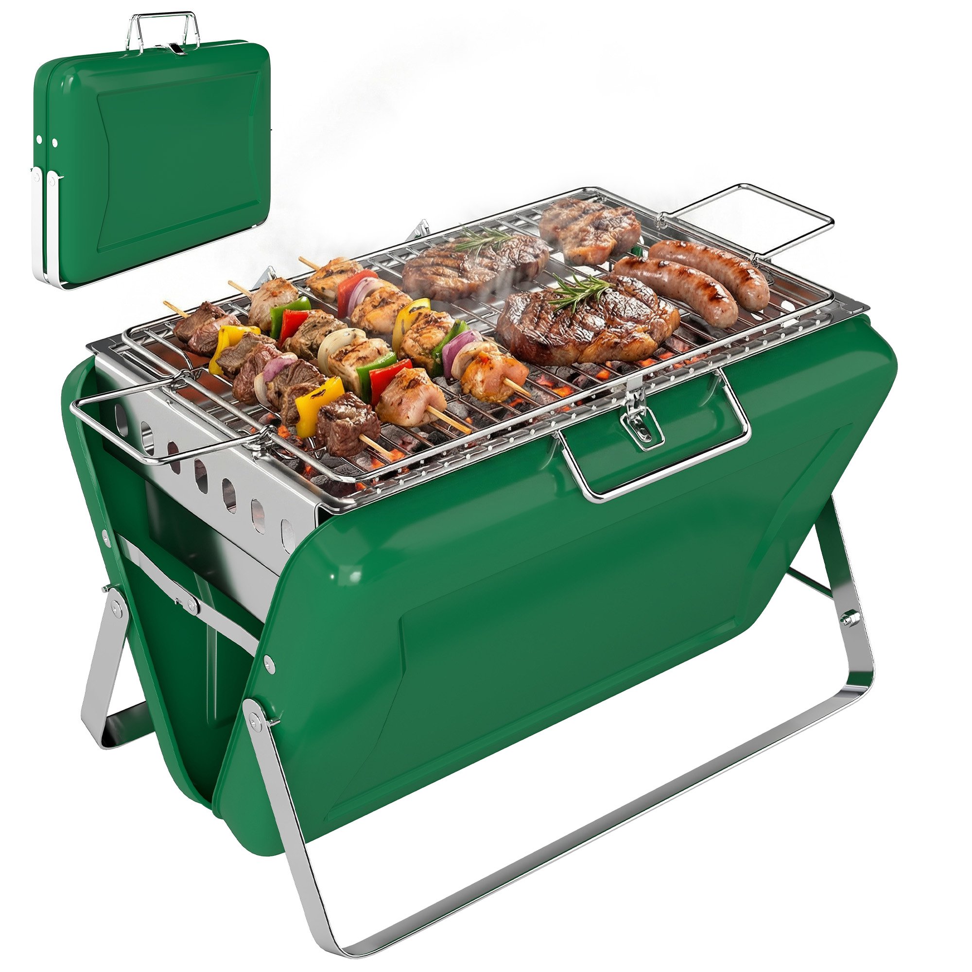 Outsunny Foldable Portable BBQ Grill with Handle and Foldable Legs - Green