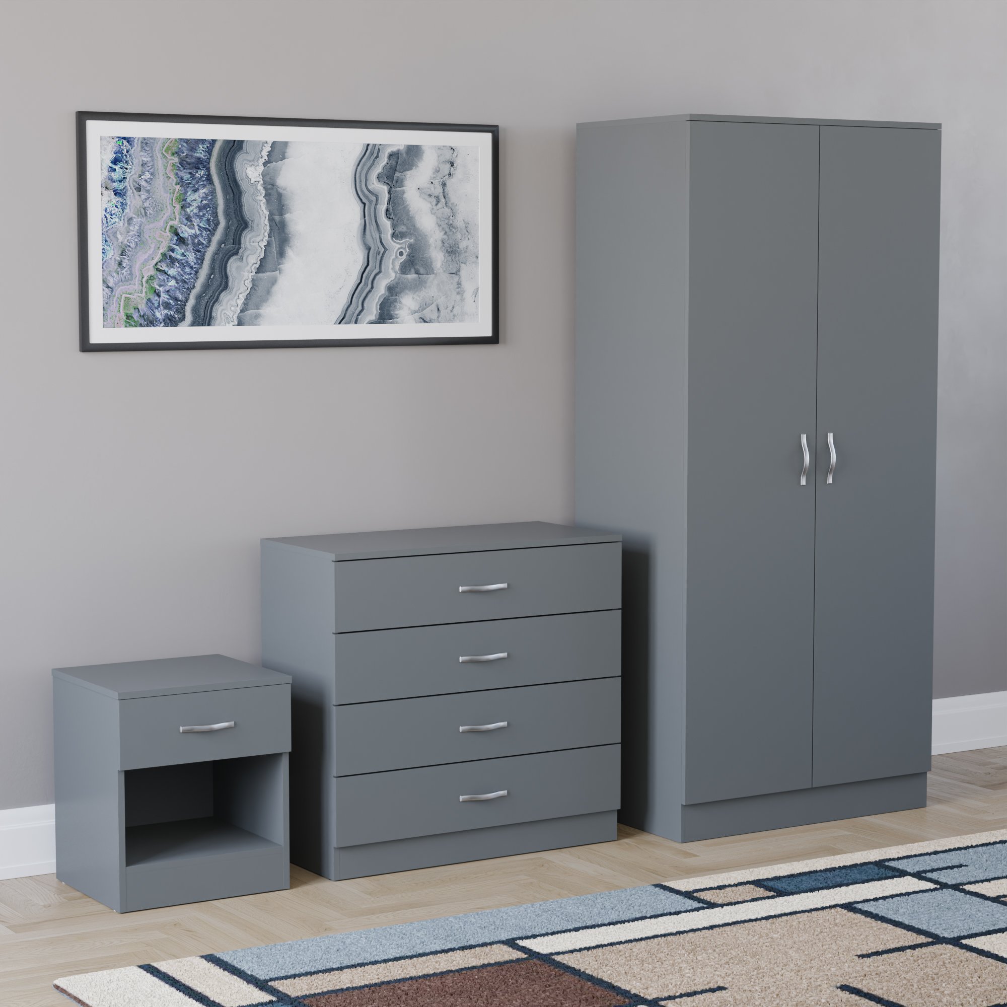 Vida Designs Riano Bedroom Set (Bedside, 4 Drawer Chest, 2 Door Wardrobe)-Grey