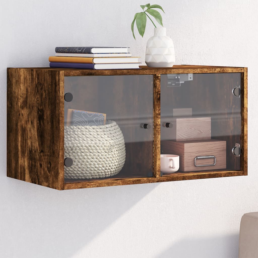 Walplus Engineered Wood Glass Door Wall Cabinet - Dark Oak - 68.5 x 37 x 35 cm