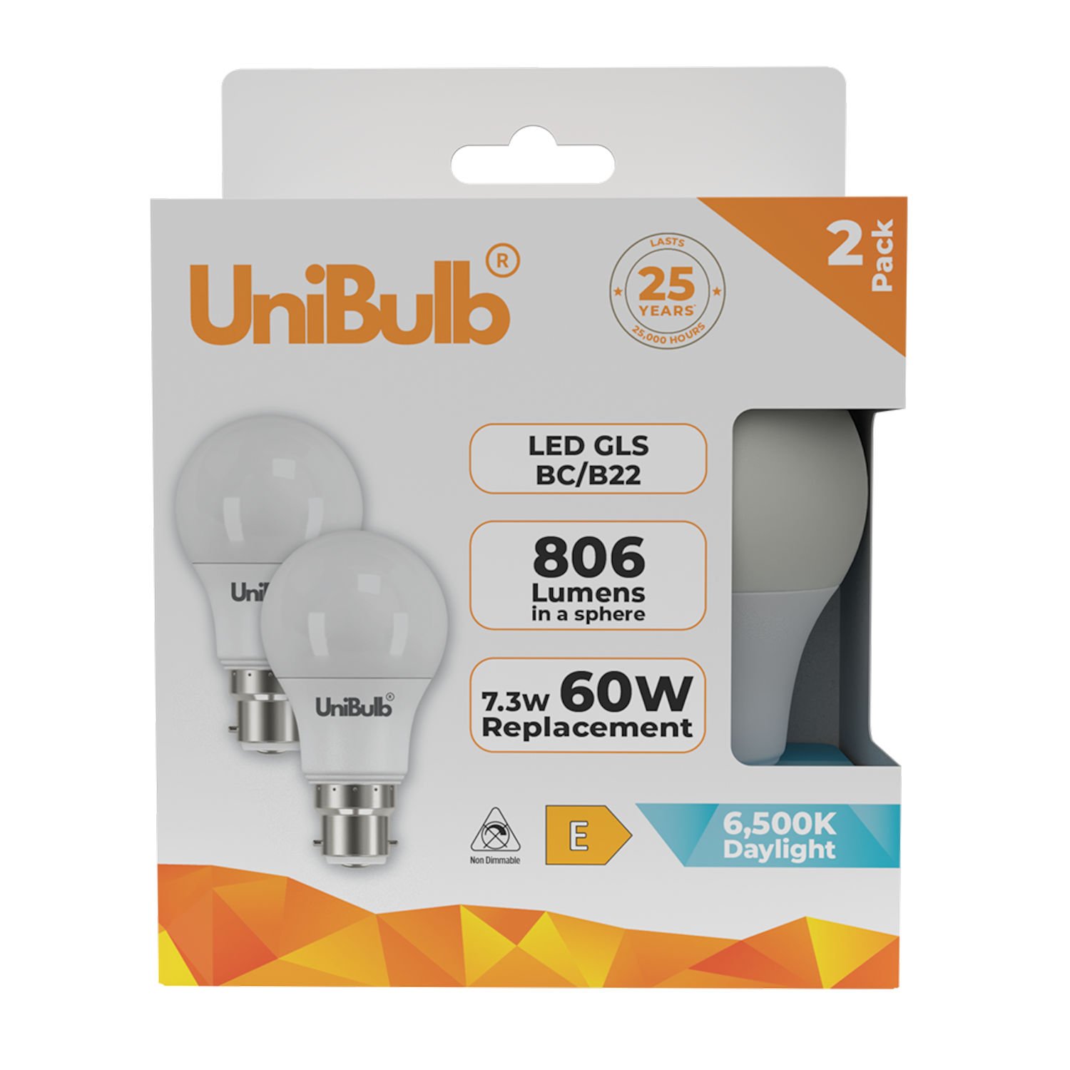 UniBulb 7.3W LED Daylight GLS B22 Light Bulb - 2 Pack