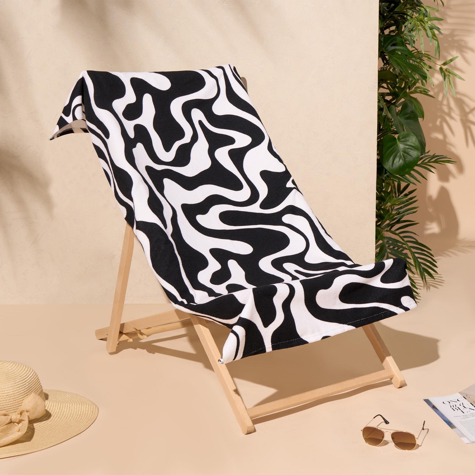 OHS Swirl Print Microfibre Beach Towel - Black