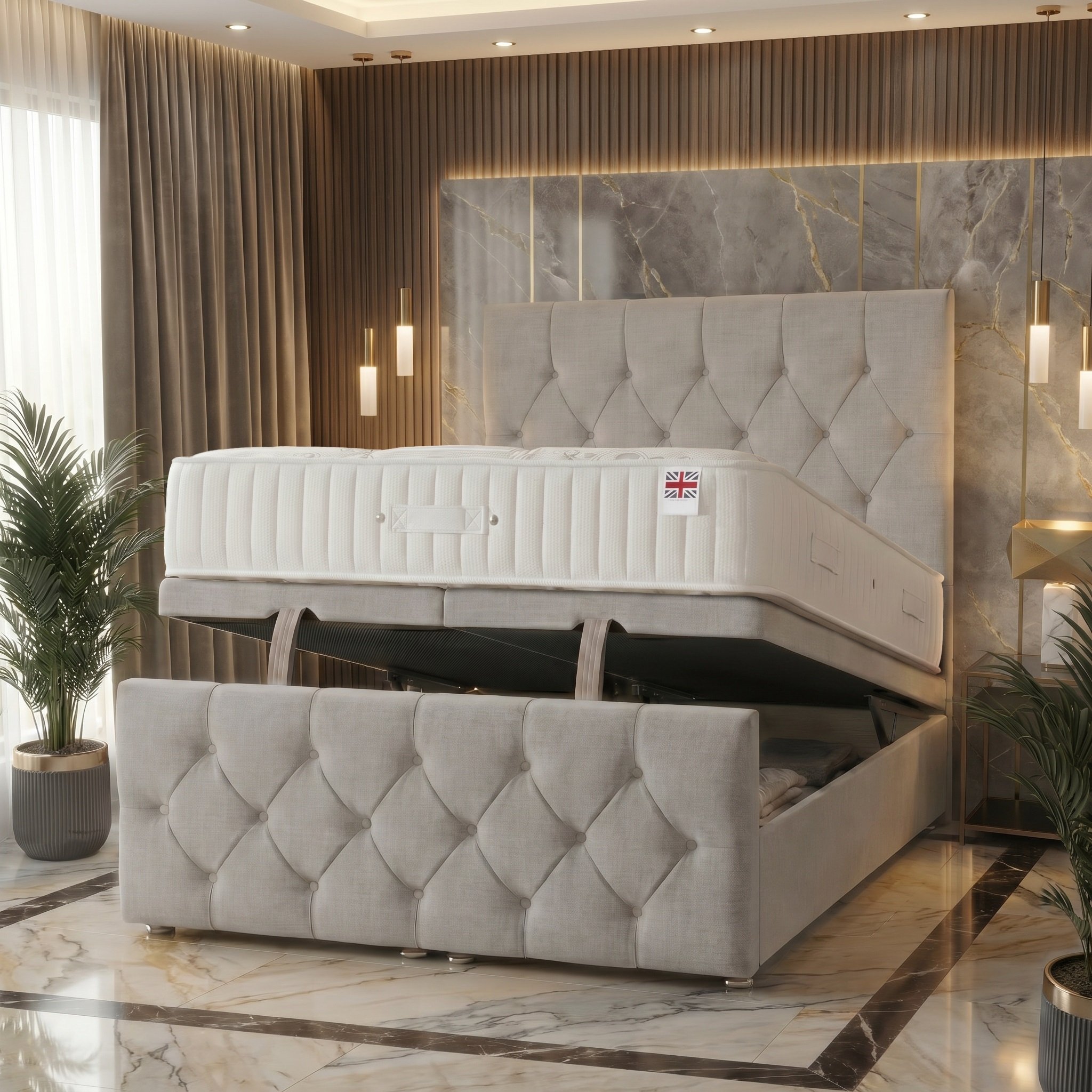 Somnior Chester Linen Super King Ottoman Bed with Ortho Mattress - Light Grey