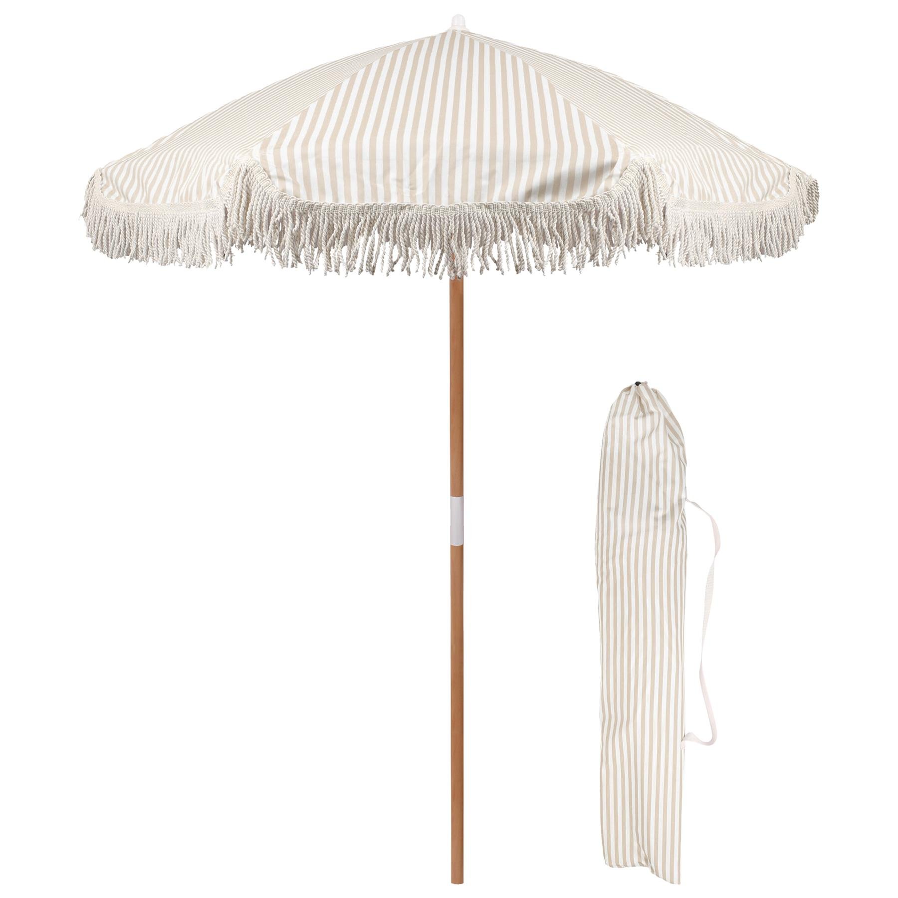 Harbour Housewares Wooden Garden Parasol with Tassel Fringe 1.4M - Beige Stripe