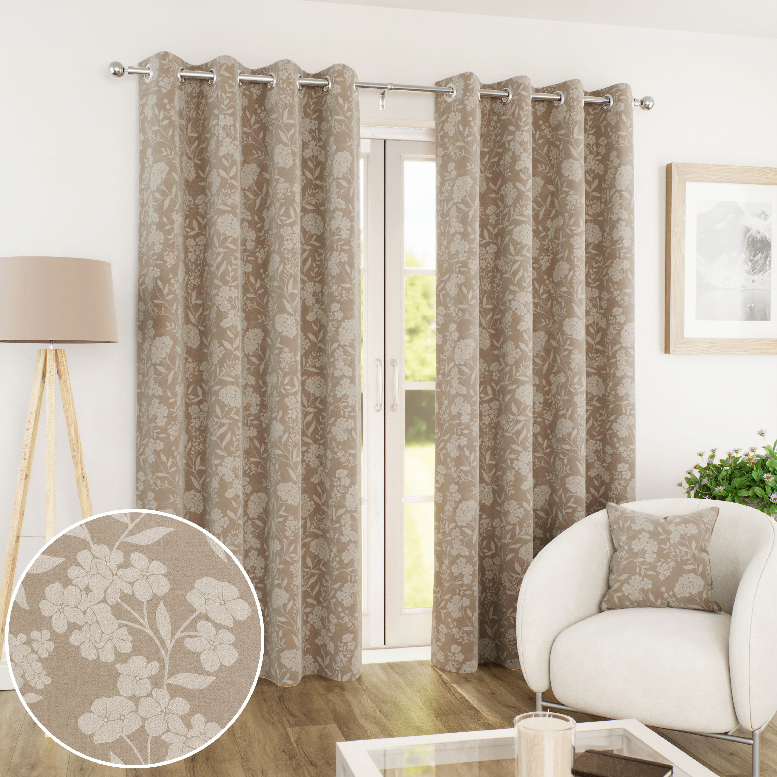 Enhanced Living Cuba Floral Blackout Eyelet Curtains - 117 x 137cm - Sand