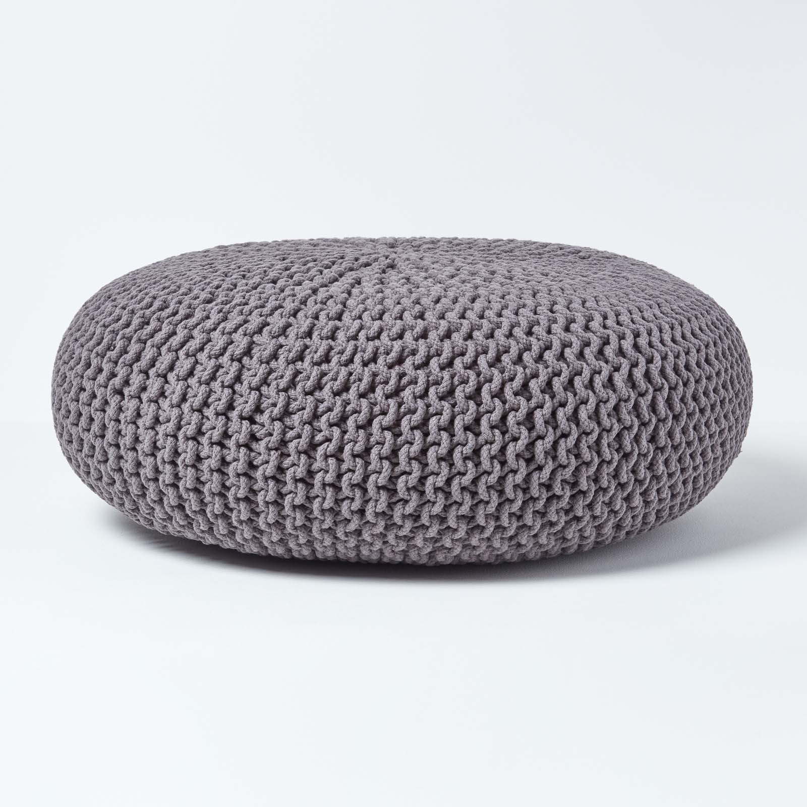 Homescapes Large Round Cotton Knitted Pouffe Footstool – Dark Grey