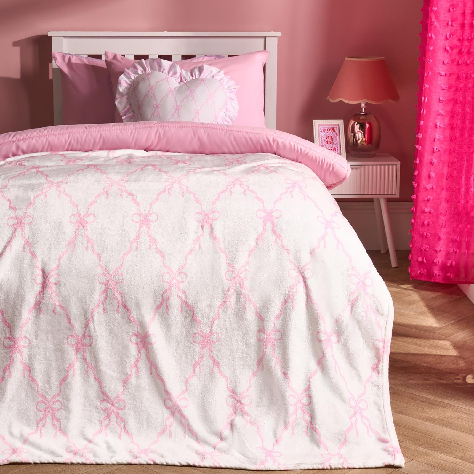 OHS Bow Print Ultra Soft Blanket Throw 125 x 150cm - Pink