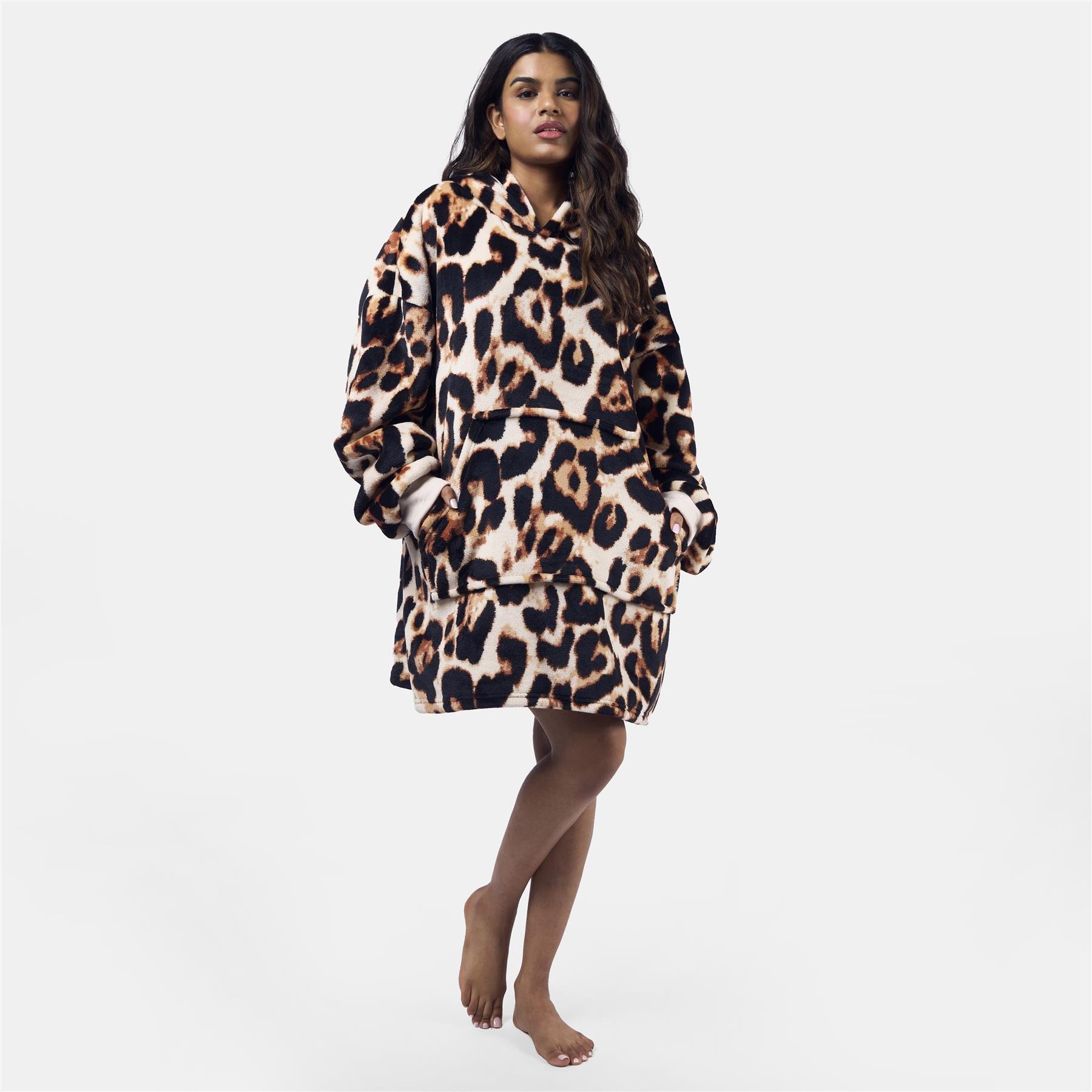 OHS Leopard Print Hoodie Blanket - One Size - Natural