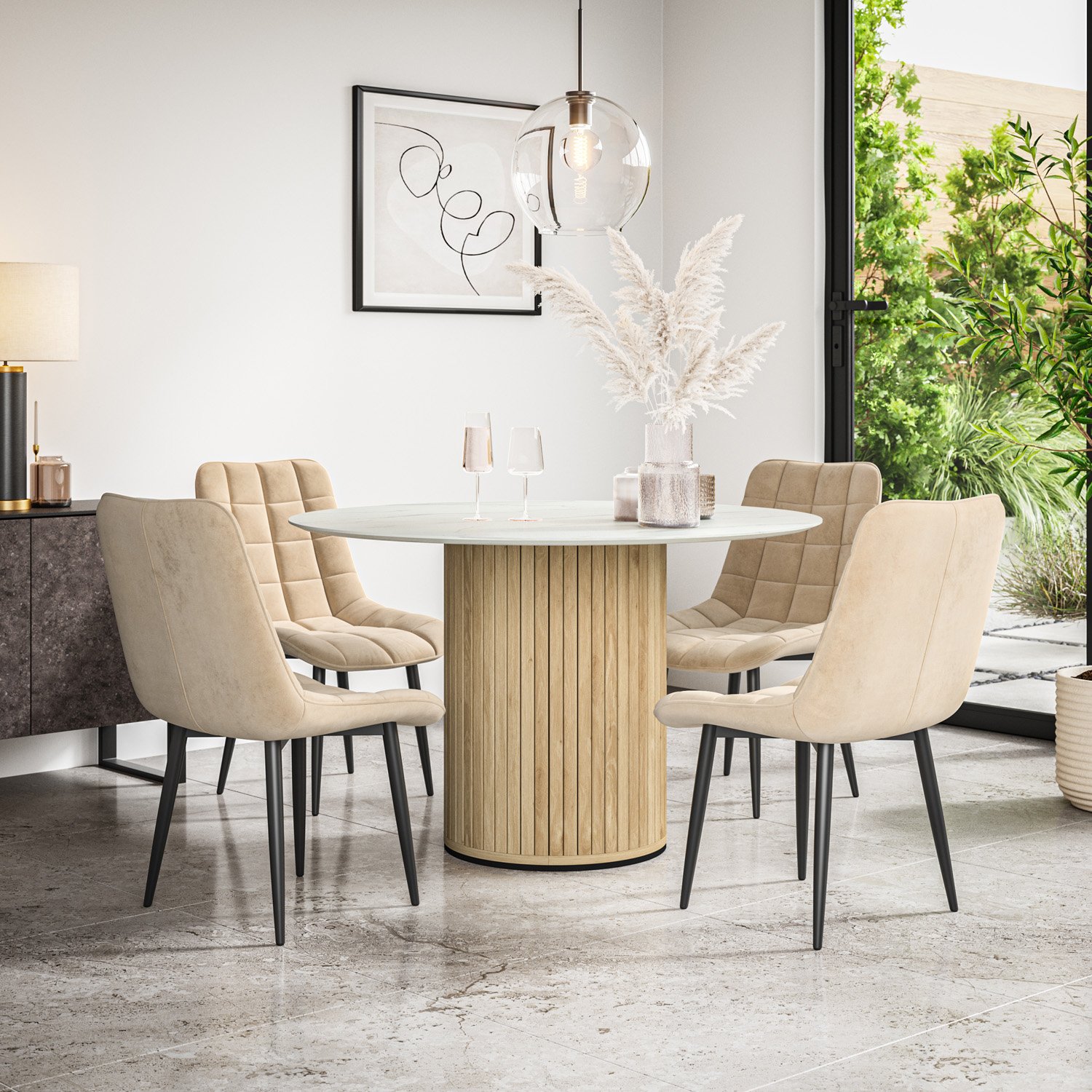 Furniture Online Arlo Nova Marble Top w Oak Legs Dining Table & 6 Beige Chairs