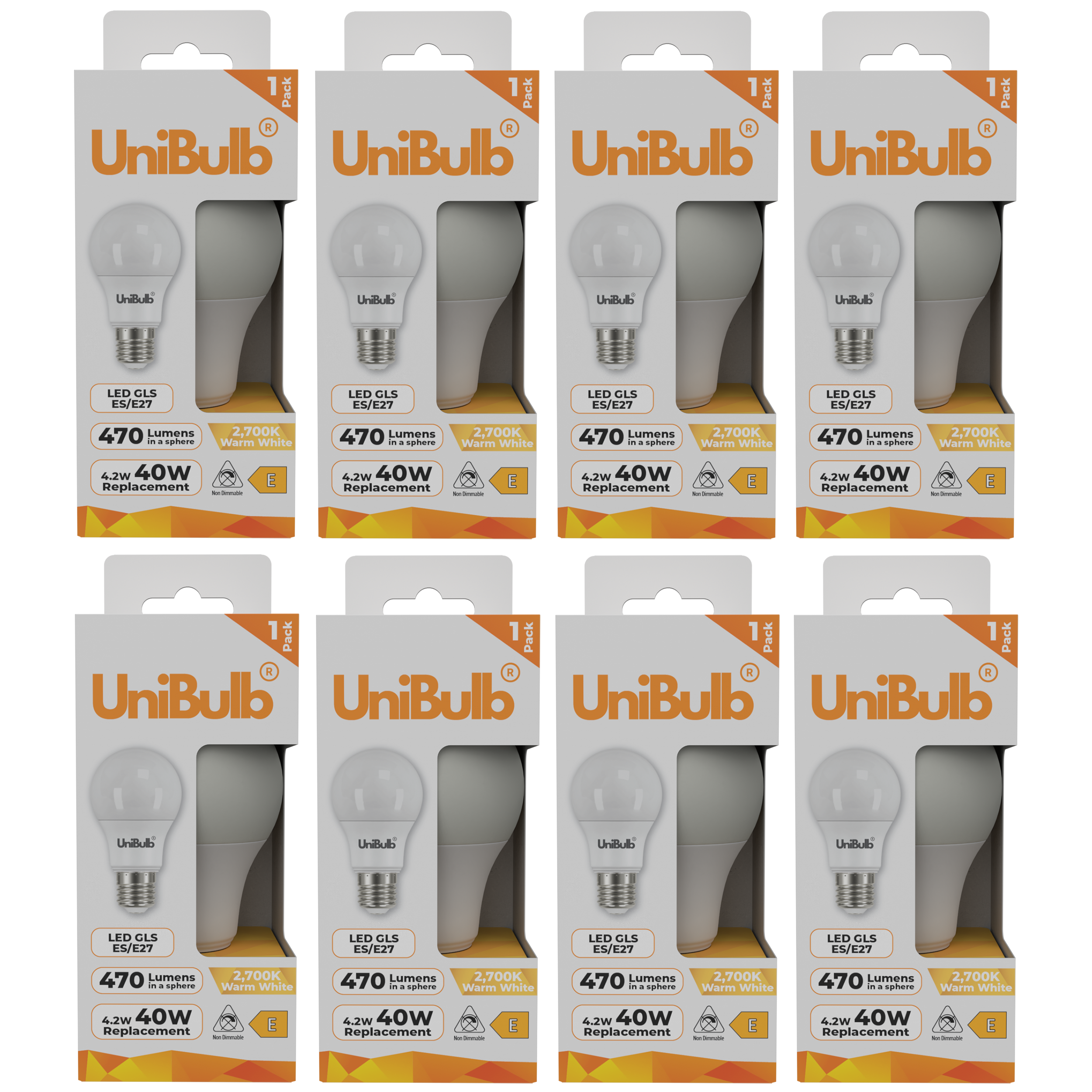 UniBulb 4.2W LED Warm White GLS E27 Light Bulb - Pack of 8