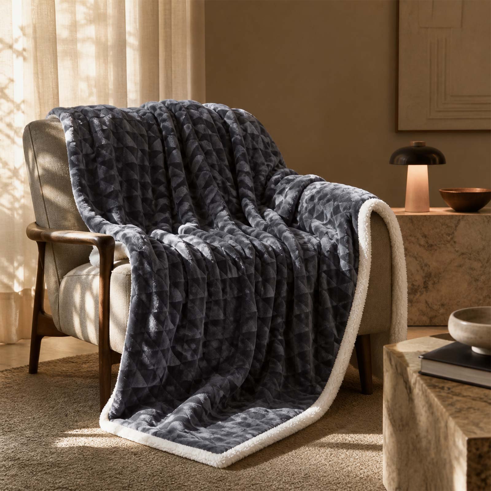 Homescapes Geometric Triangle Velvet Throw - 200 x 230 cm - Dark Grey