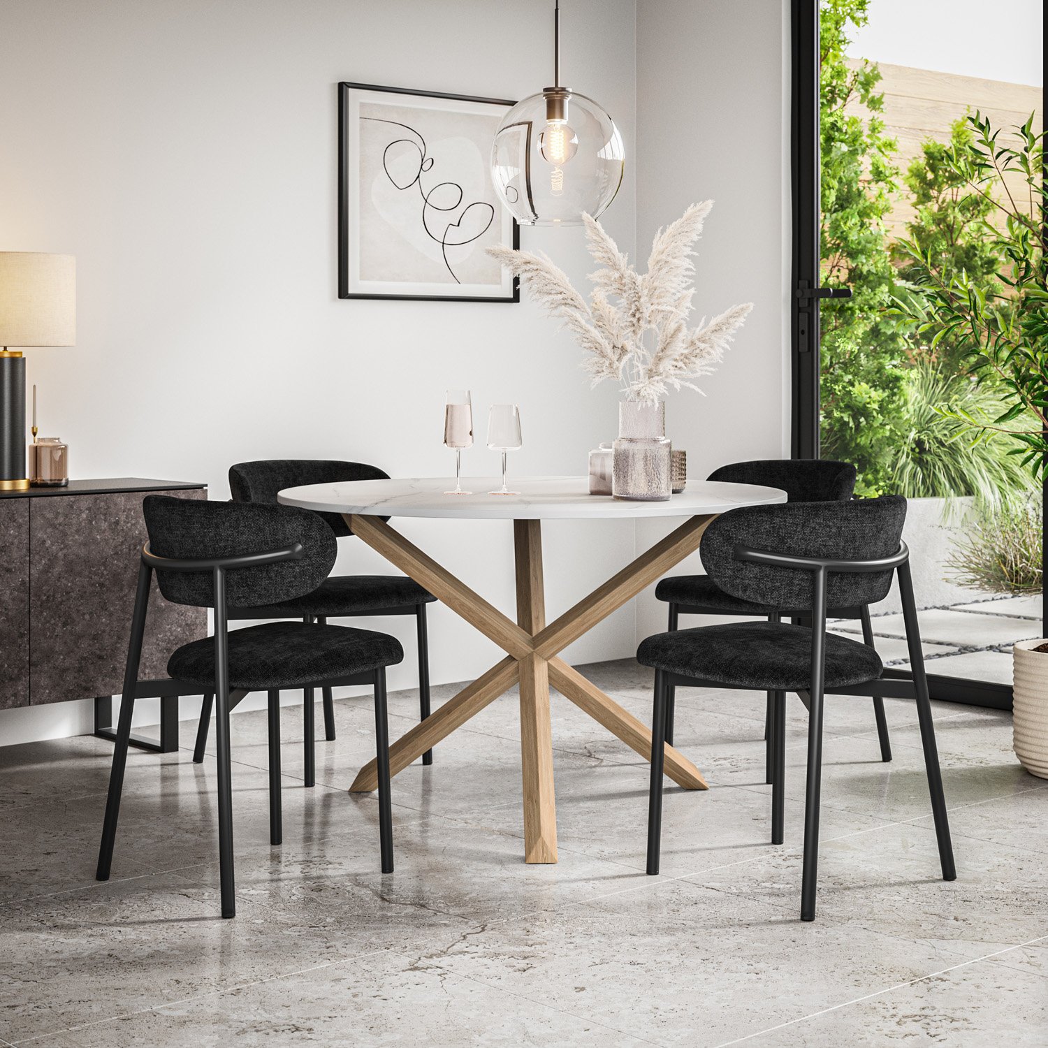 Furniture Online Malvern Marble Effect Dining Table & 6 Myla Black Chairs