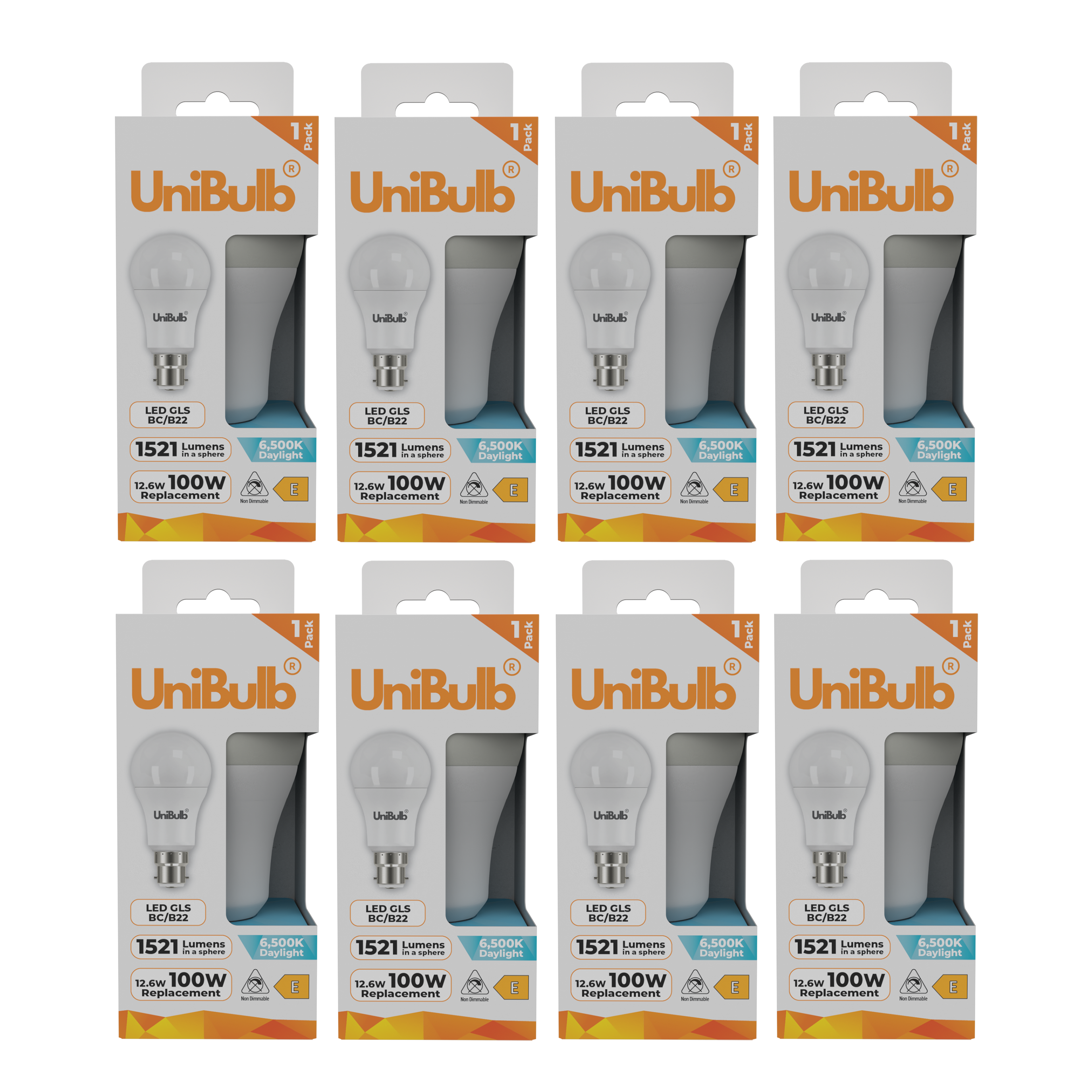 UniBulb 12.6W LED Daylight GLS B22 Light Bulb - Pack of 8