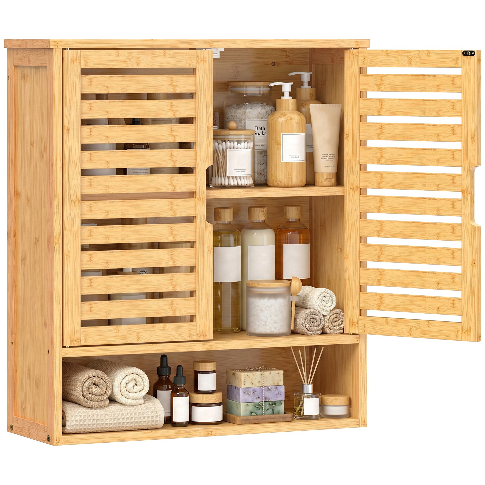 HOMCOM 2 Louvered Doors Wall Mounted Bathroom Cabinet - Oak