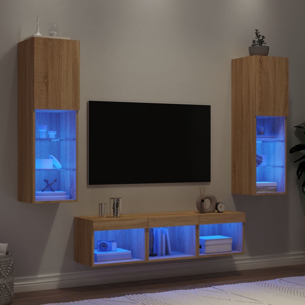 Walplus Pack of 5 LED TV Wall Unit - Light Oak - 30.5 x 30 x 120 cm