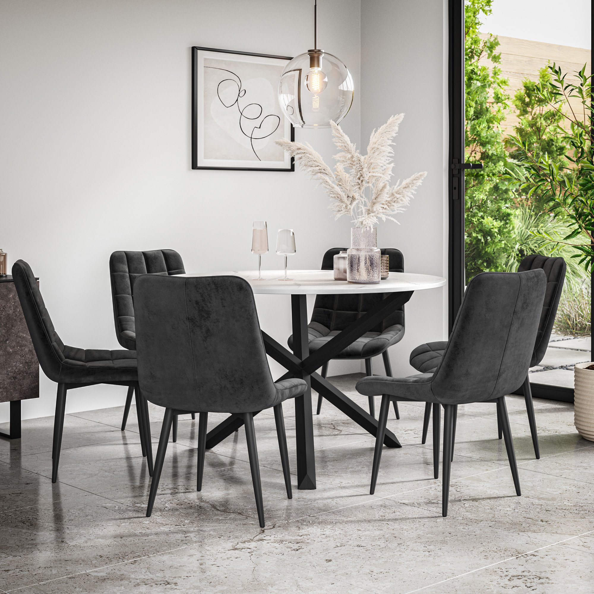 Furniture Online Malvern Nova Marble Top Dining Table & 6 Black Chairs