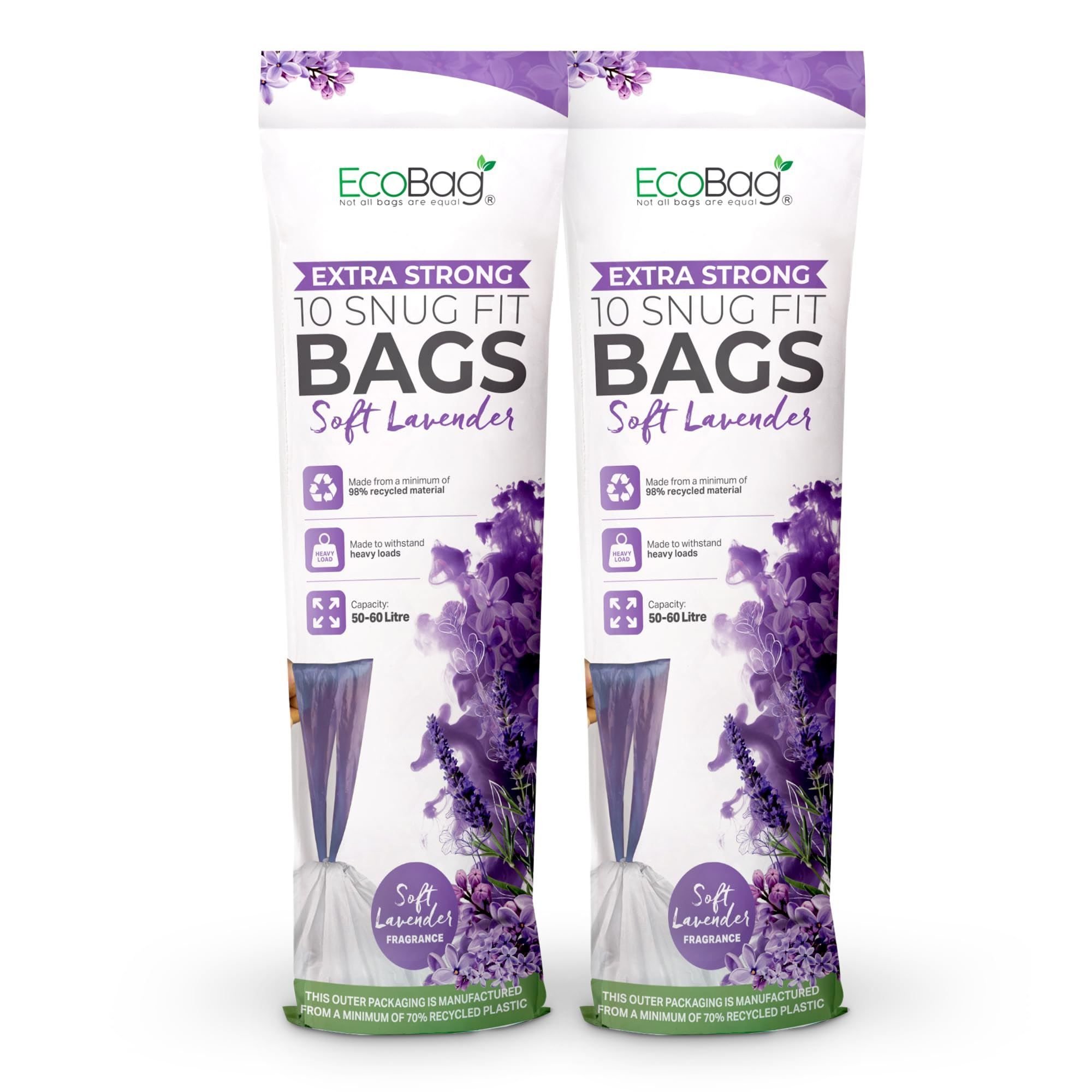 EcoBag Purple 60L Lavender Scented Drawstring Kitchen Bin Liners - Pack of 20